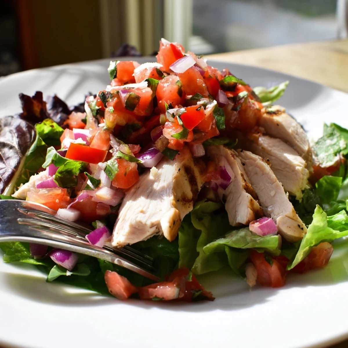Sliced grilled chicken rests on mixed greens, topped with a juicy tomato-basil bruschetta topping and shaved Parmesan for a fresh Italian-American salad.  