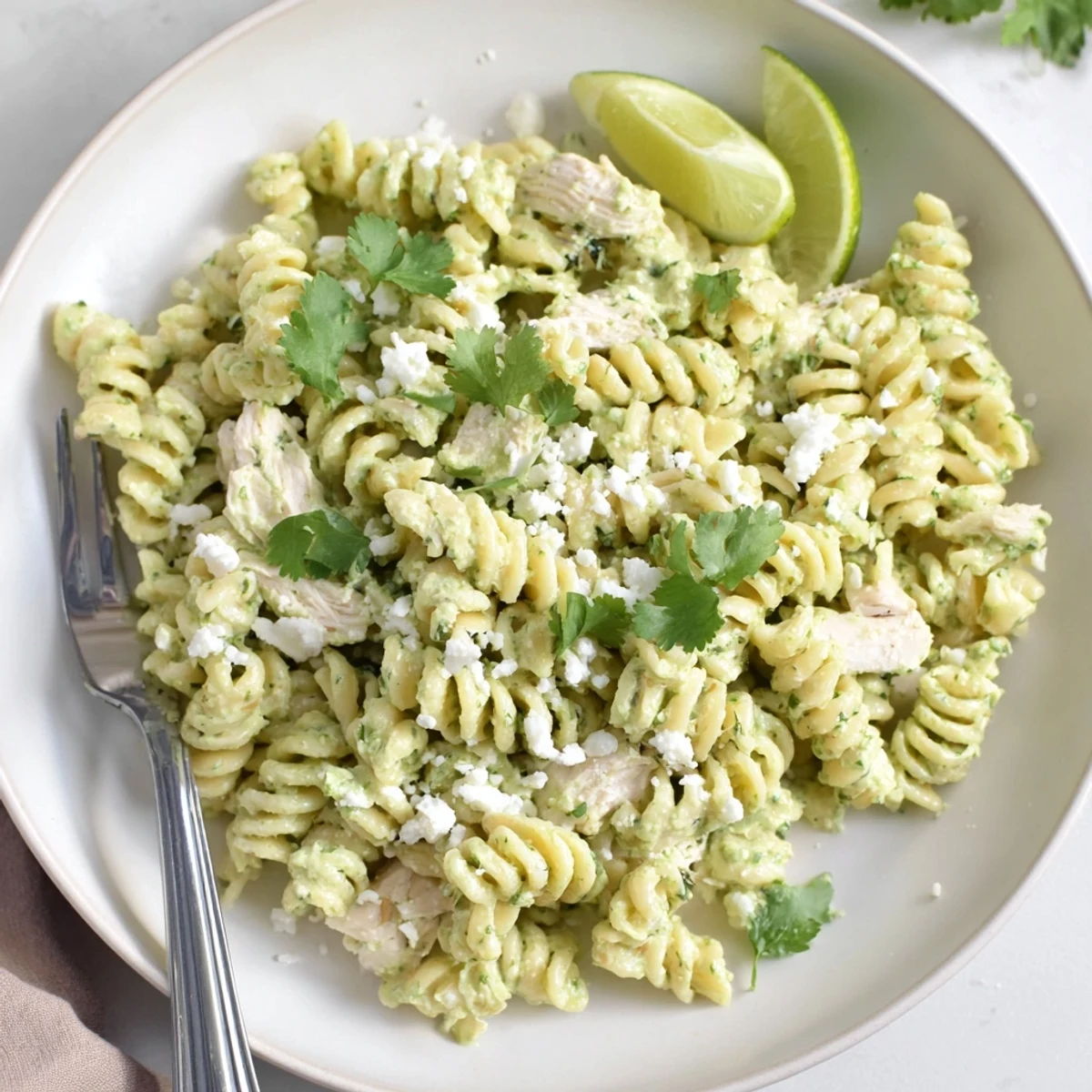A vibrant bowl of Cilantro Lime Chicken Pasta with creamy green sauce coating rotini and shredded chicken.  