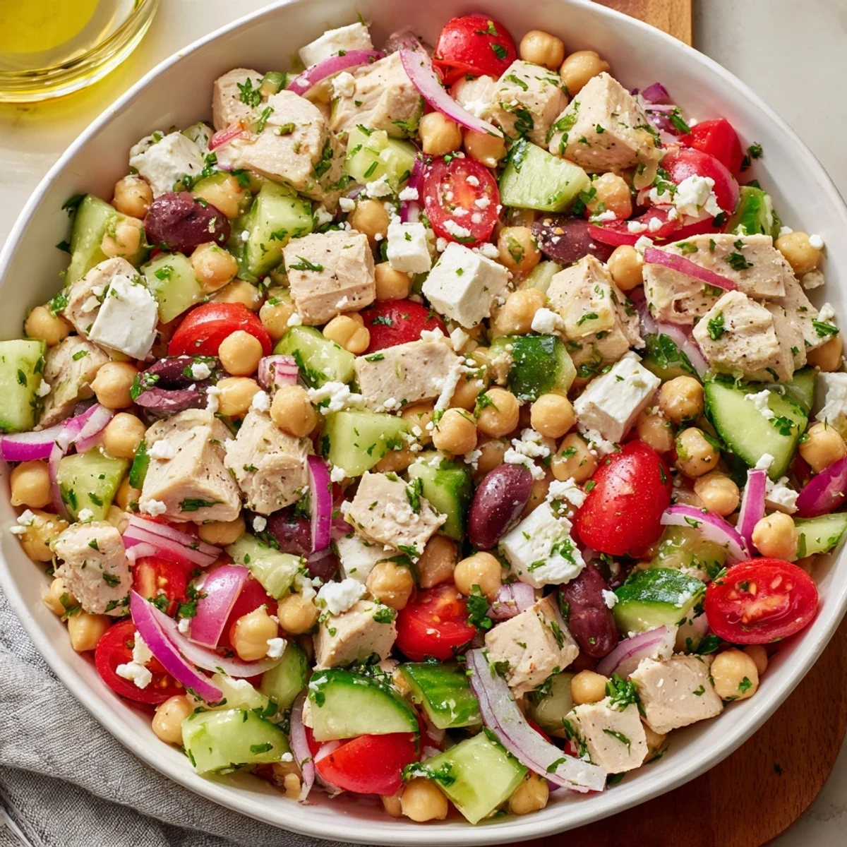 Freshly tossed Mediterranean Chickpea Chicken Salad features juicy chicken, chickpeas, and colorful vegetables like tomatoes and cucumber.