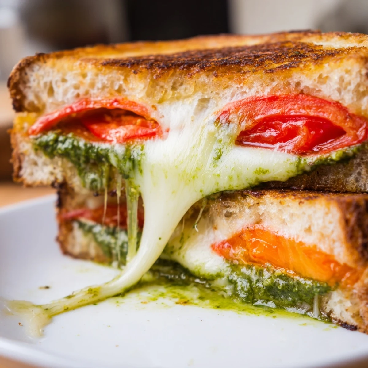 Golden melted cheese and roasted tomatoes spill from a buttery sourdough Roasted Tomato Pesto Grilled Cheese, served on a rustic plate.