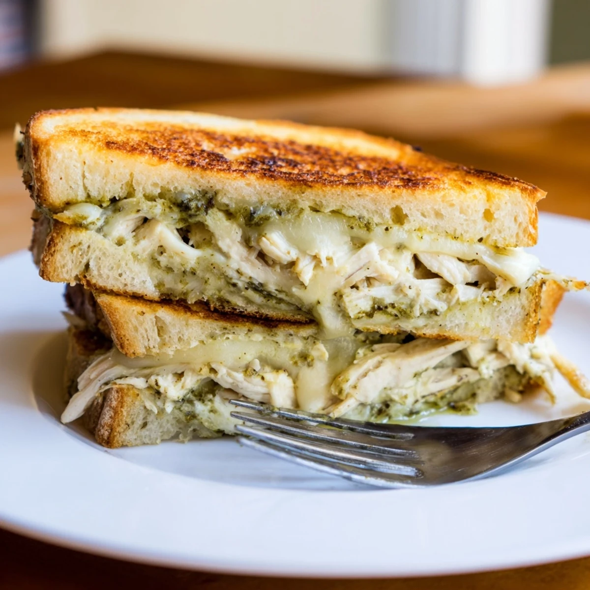 Golden toasted sourdough holds melted mozzarella and shredded chicken slathered in vibrant green pesto, cut diagonally to reveal the gooey, savory layers inside.  