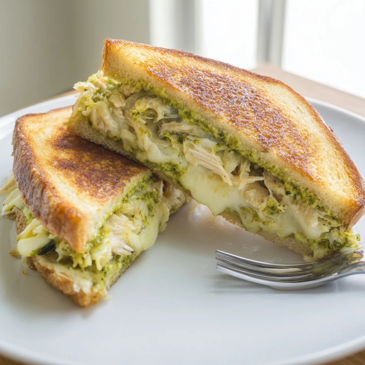 A close-up view shows a Mozzarella Pesto Chicken Grilled Cheese on a rustic wooden board, garnished with fresh basil leaves and a side of marinara dipping sauce.  
