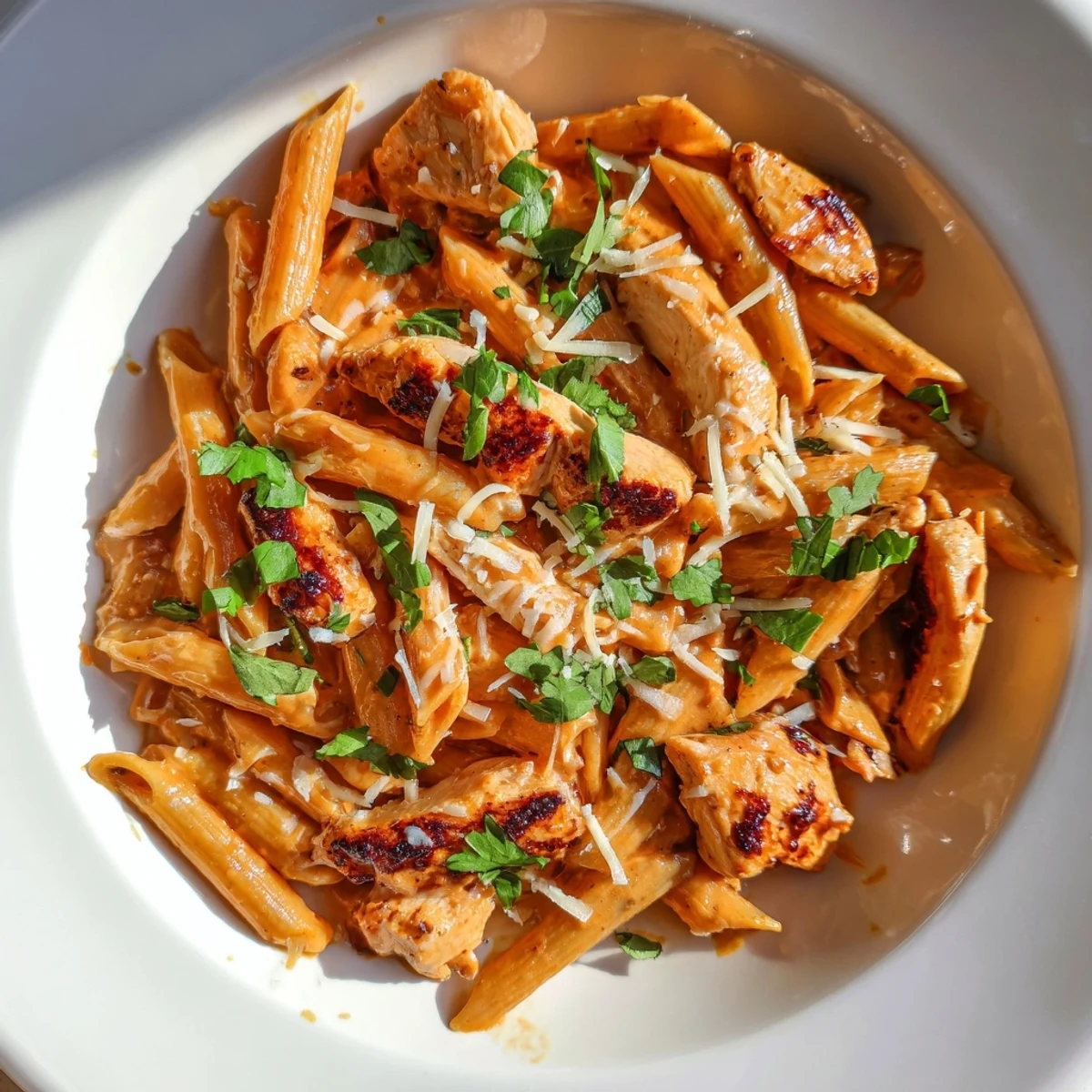 Creamy penne coated in a sweet and smoky honey chipotle sauce, topped with tender seared chicken and fresh cilantro garnish.