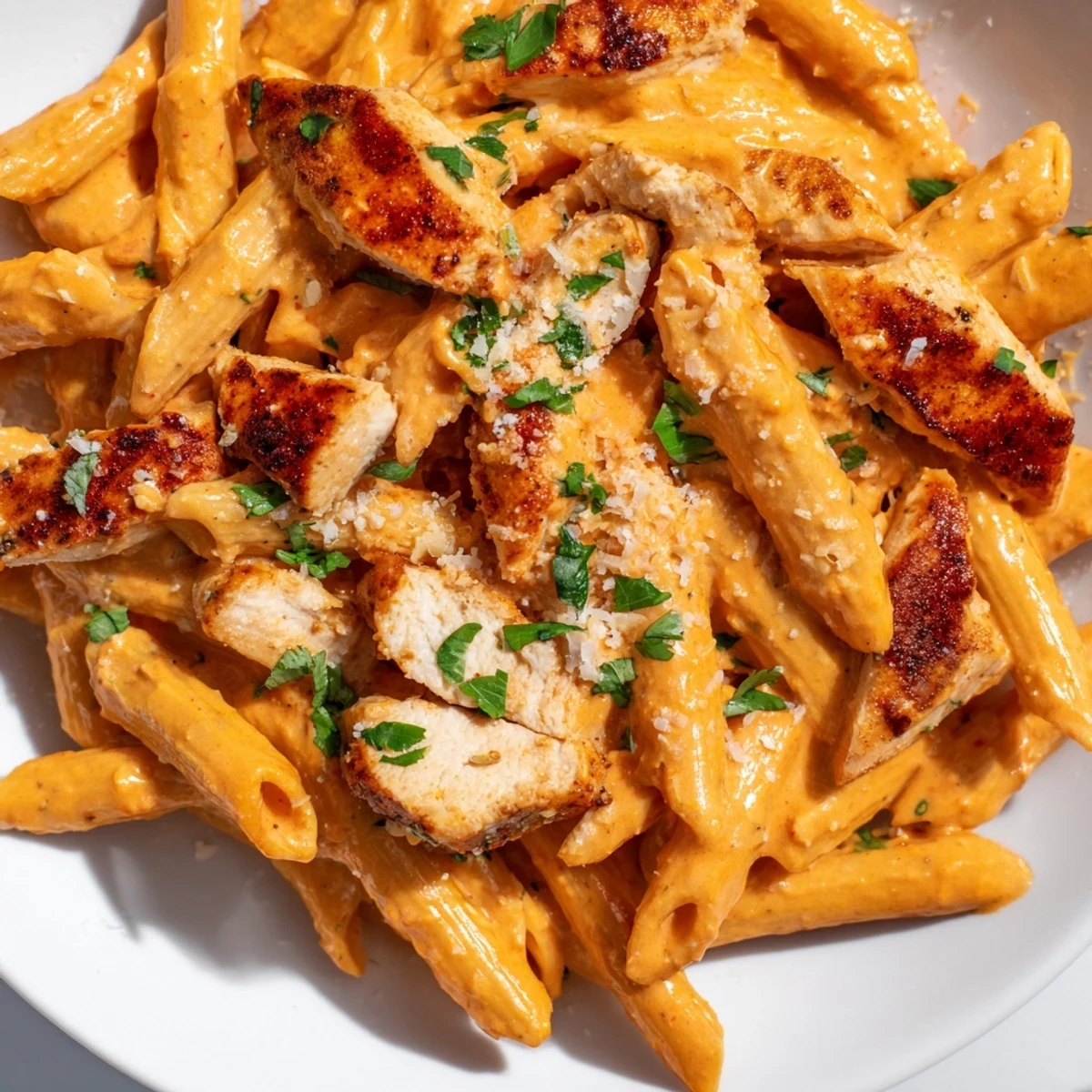 A close-up view of honey chipotle chicken pasta with penne, sautéed garlic, and melted Parmesan, ready for a hearty dinner.