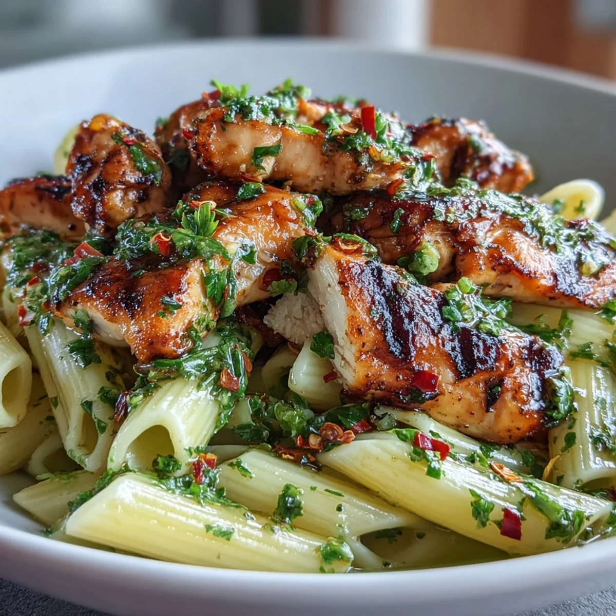 Vibrant chimichurri chicken pasta with grilled chicken and fresh herbs looks delicious.