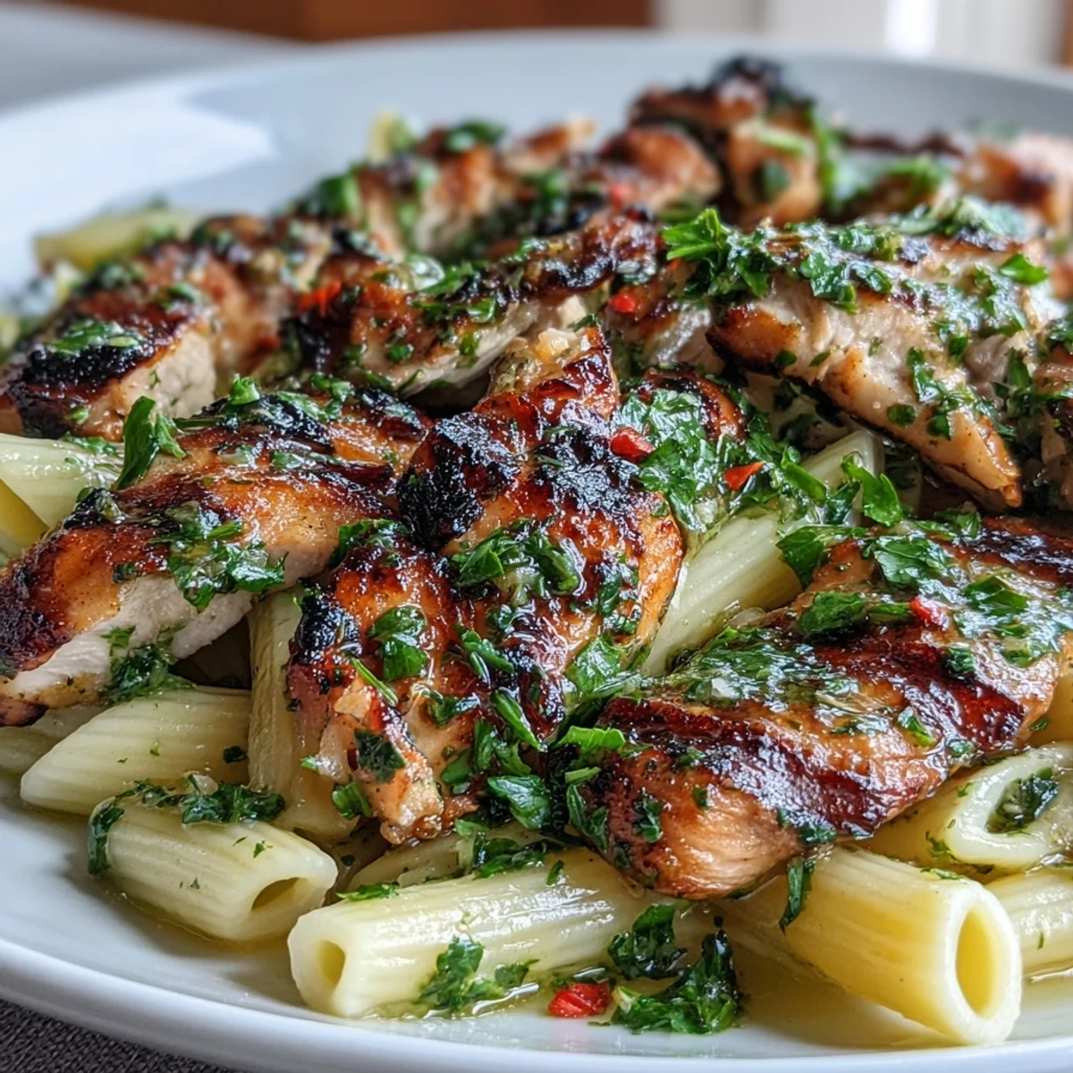Tender grilled chicken atop al dente pasta, coated in bright chimichurri.