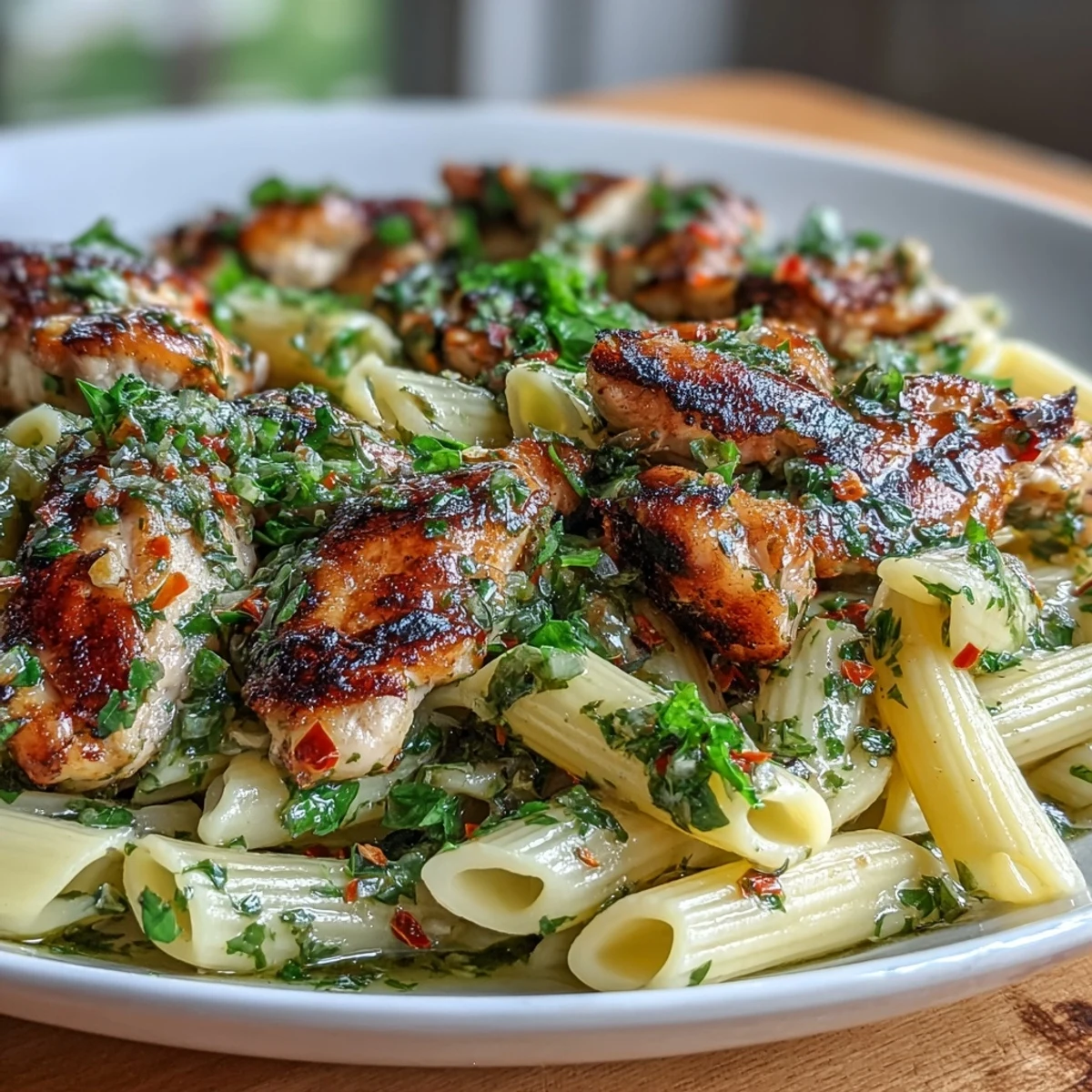 Enjoy this easy chimichurri chicken pasta, a zesty and flavorful dinner.