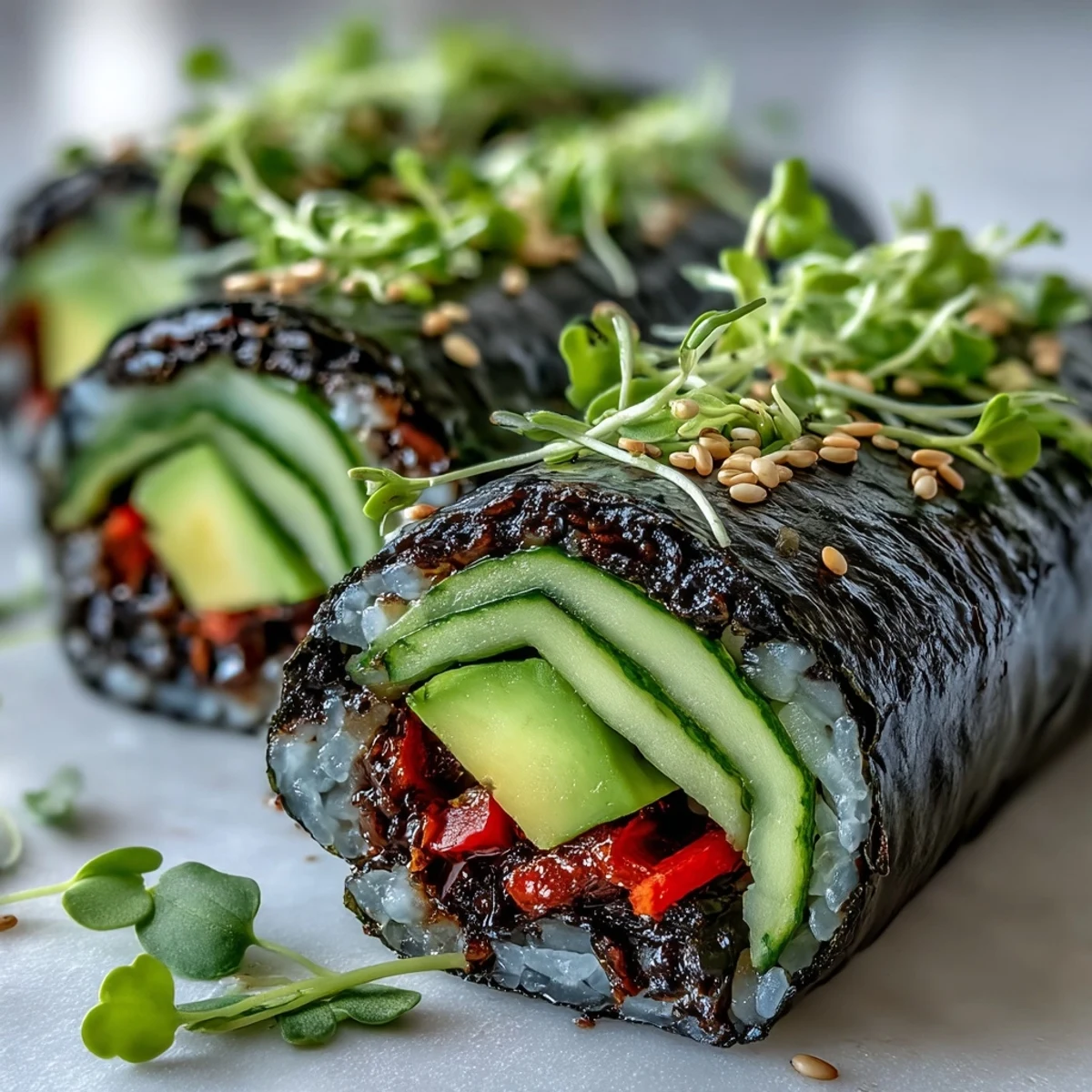Freshly cut nori rolls showcasing vibrant, crunchy vegetables and creamy avocado slices.