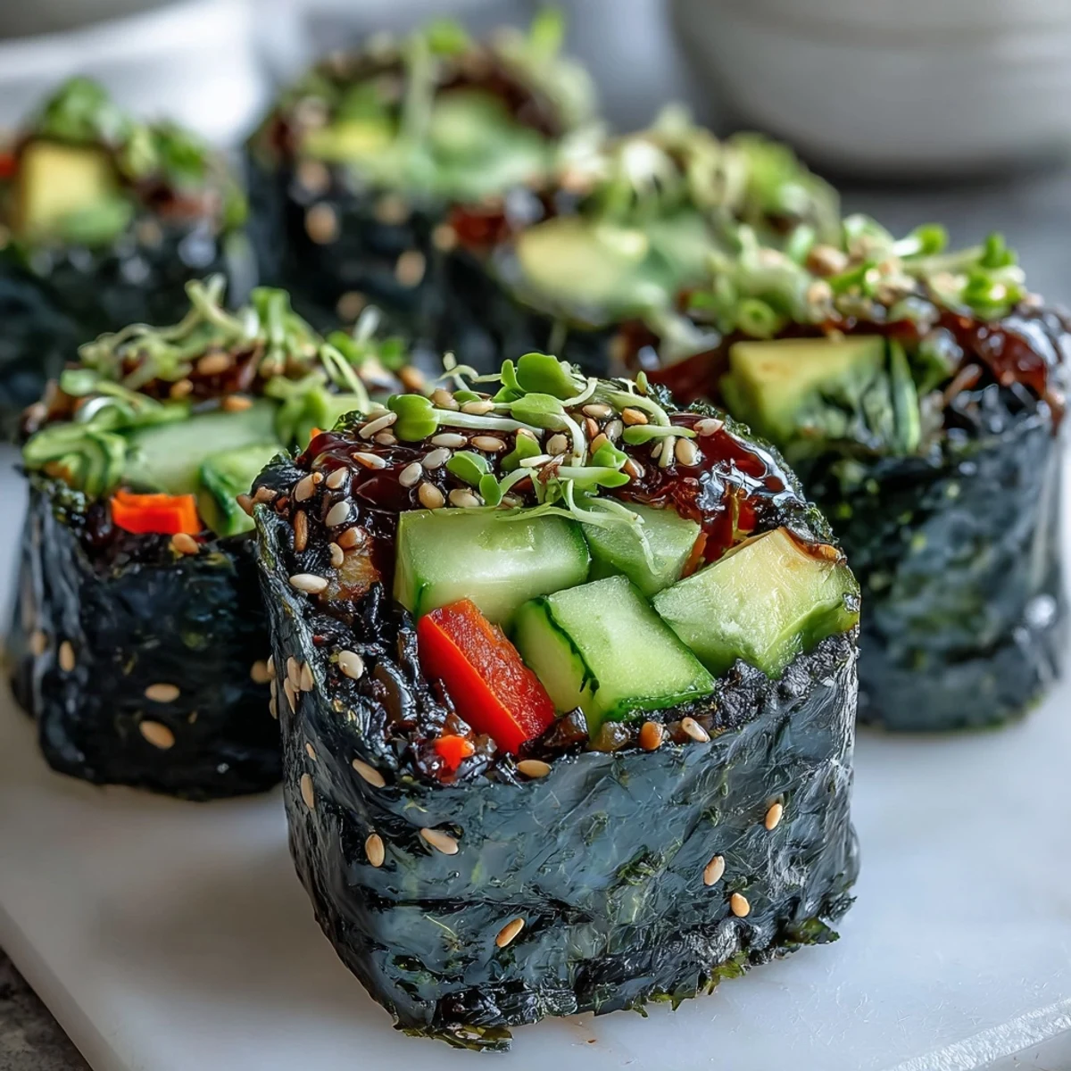 Colorful nori rolls bursting with crisp vegetables and avocado, ready for dipping.