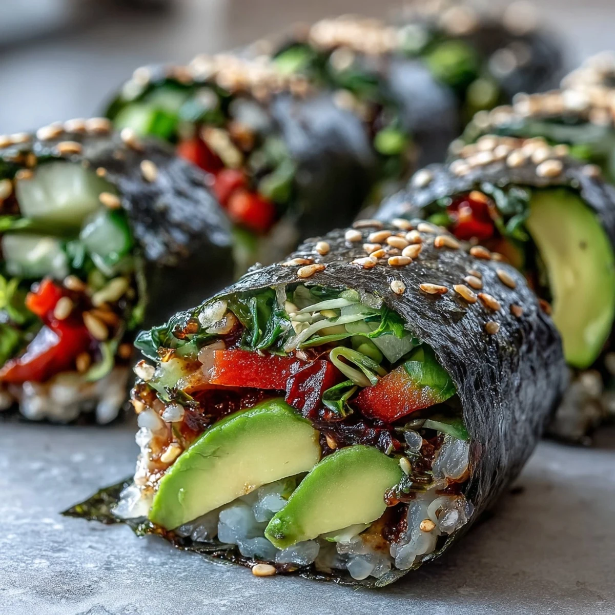 Beautifully arranged vegetable and avocado nori rolls, a healthy and refreshing vegetarian delight.