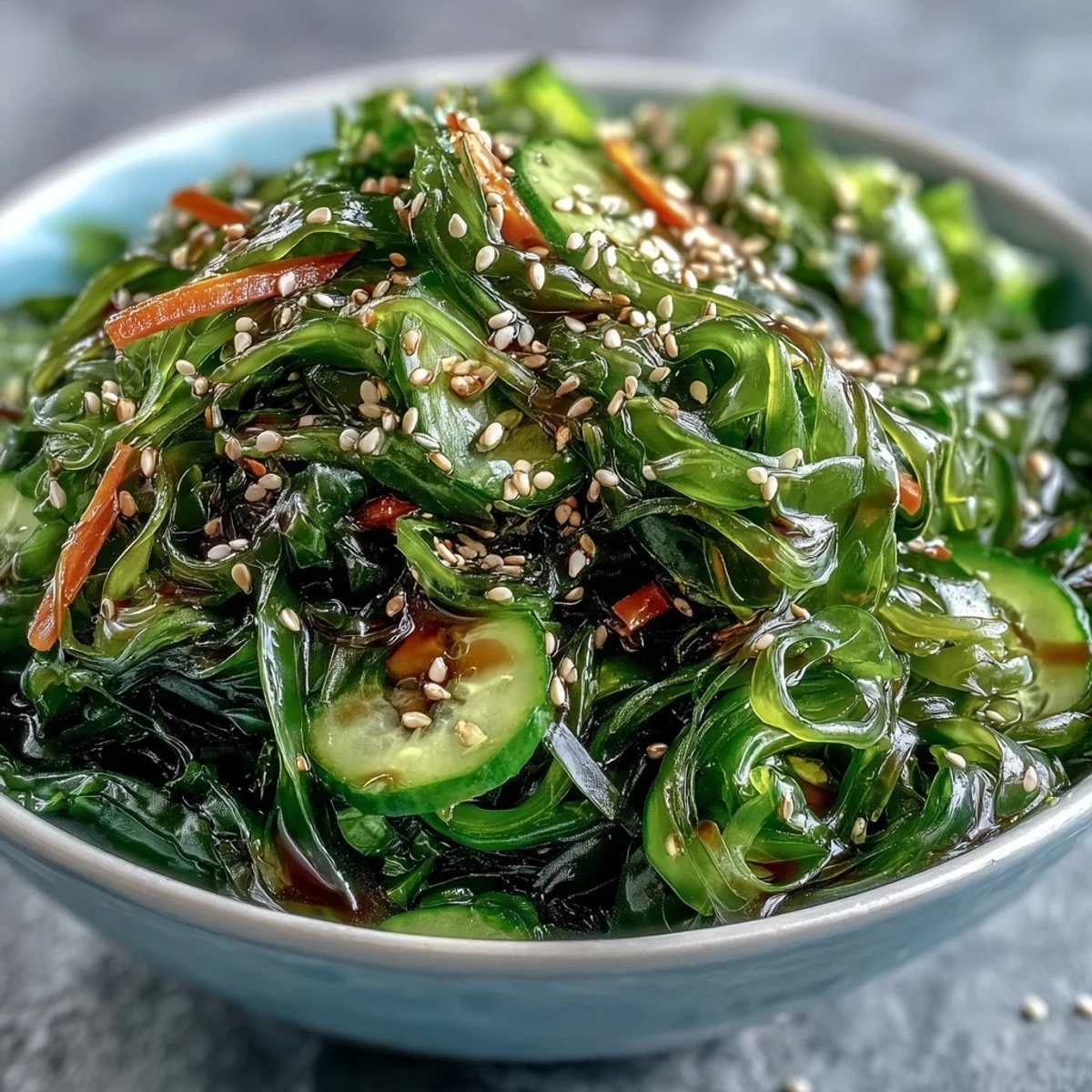 Vibrant seaweed salad with crisp cucumber, carrot, and zesty sesame-ginger dressing.