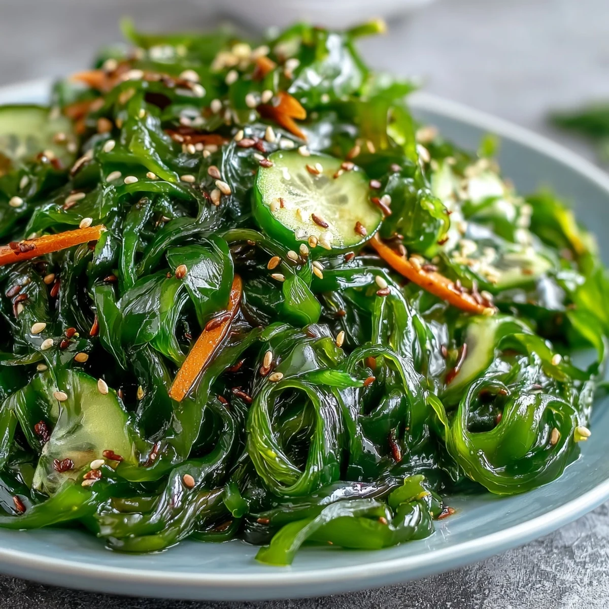 Green seaweed salad, tossed in tangy dressing, ready to be served as an appetizer.