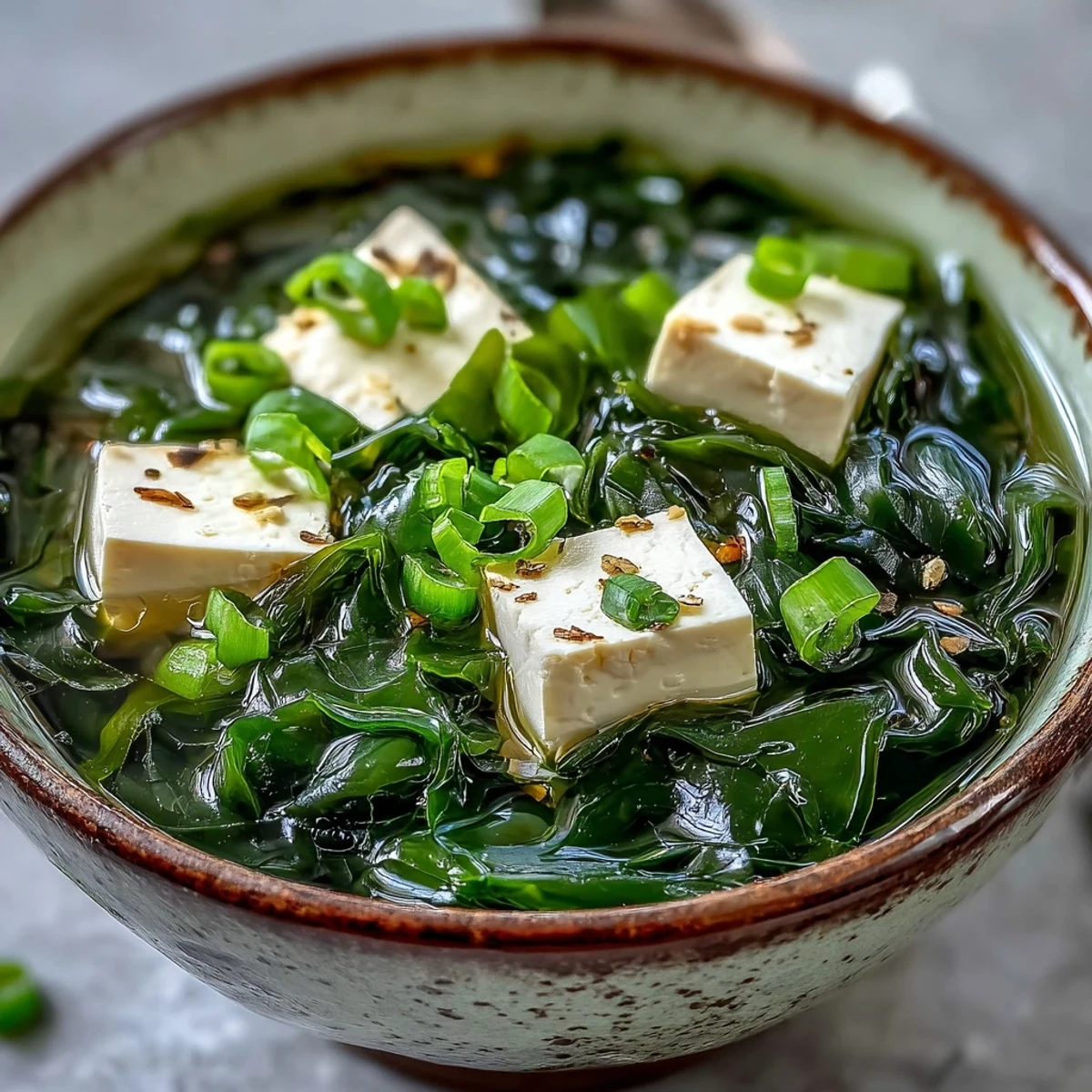 Delicious Wakame Soup, featuring tender seaweed and silken tofu in savory broth.