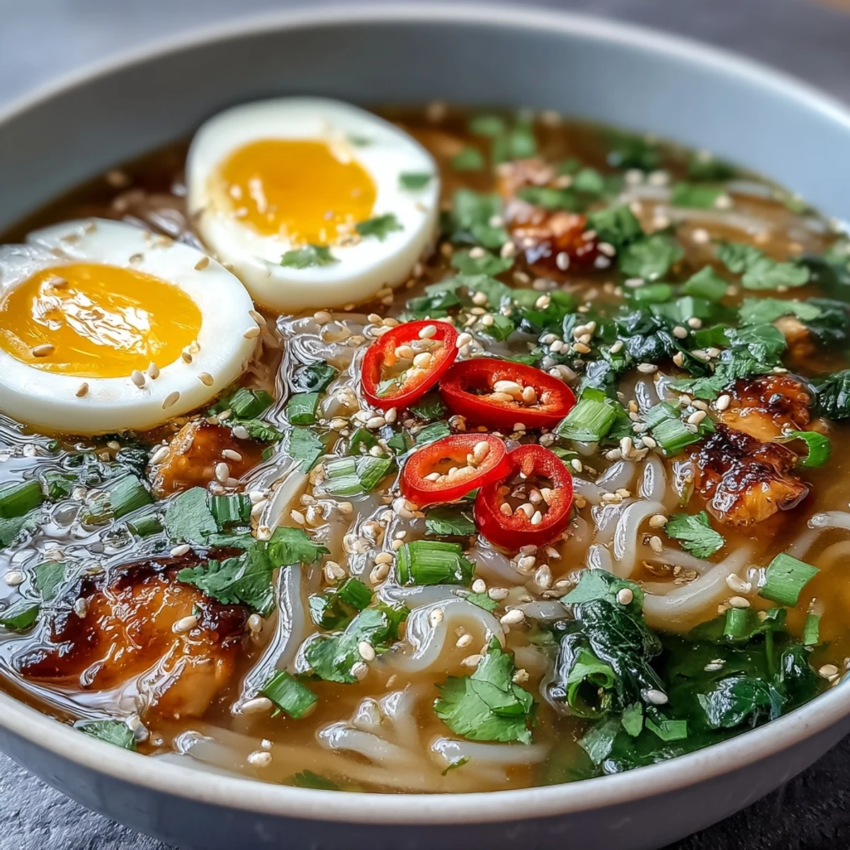 Steaming shirataki noodles in savory bone broth, served with optional toppings.