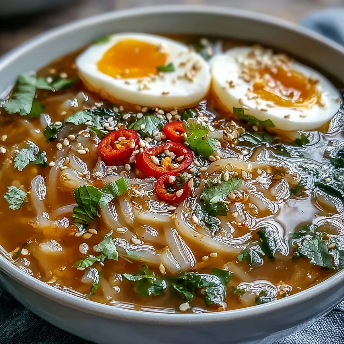 A comforting bowl of shirataki noodles with warming broth, garnished beautifully.