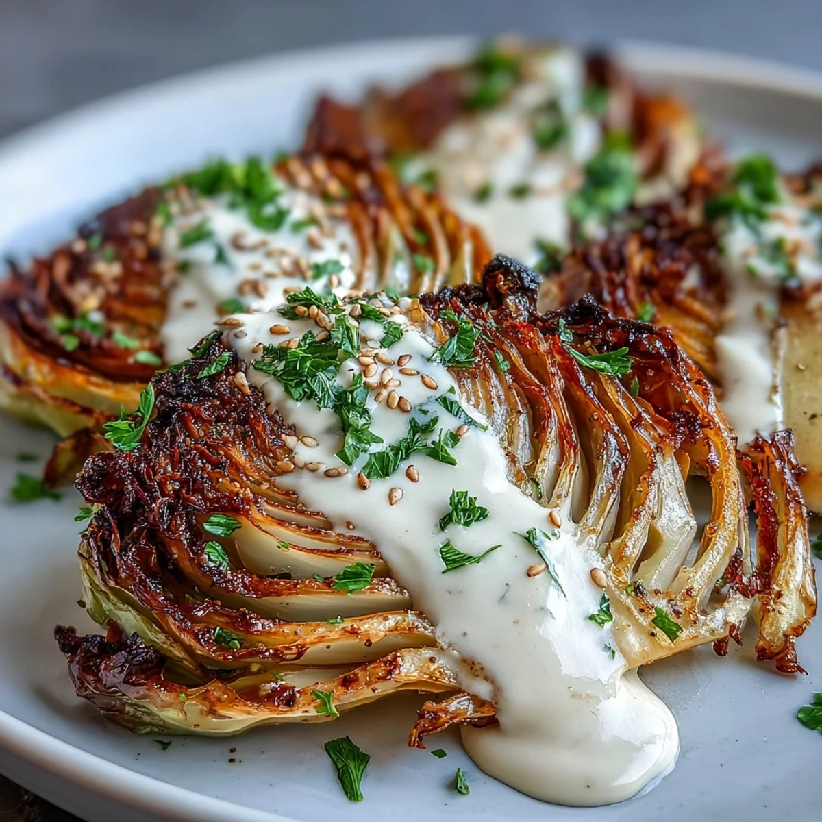 Golden roasted cabbage steaks served with creamy, decadent tahini drizzle.