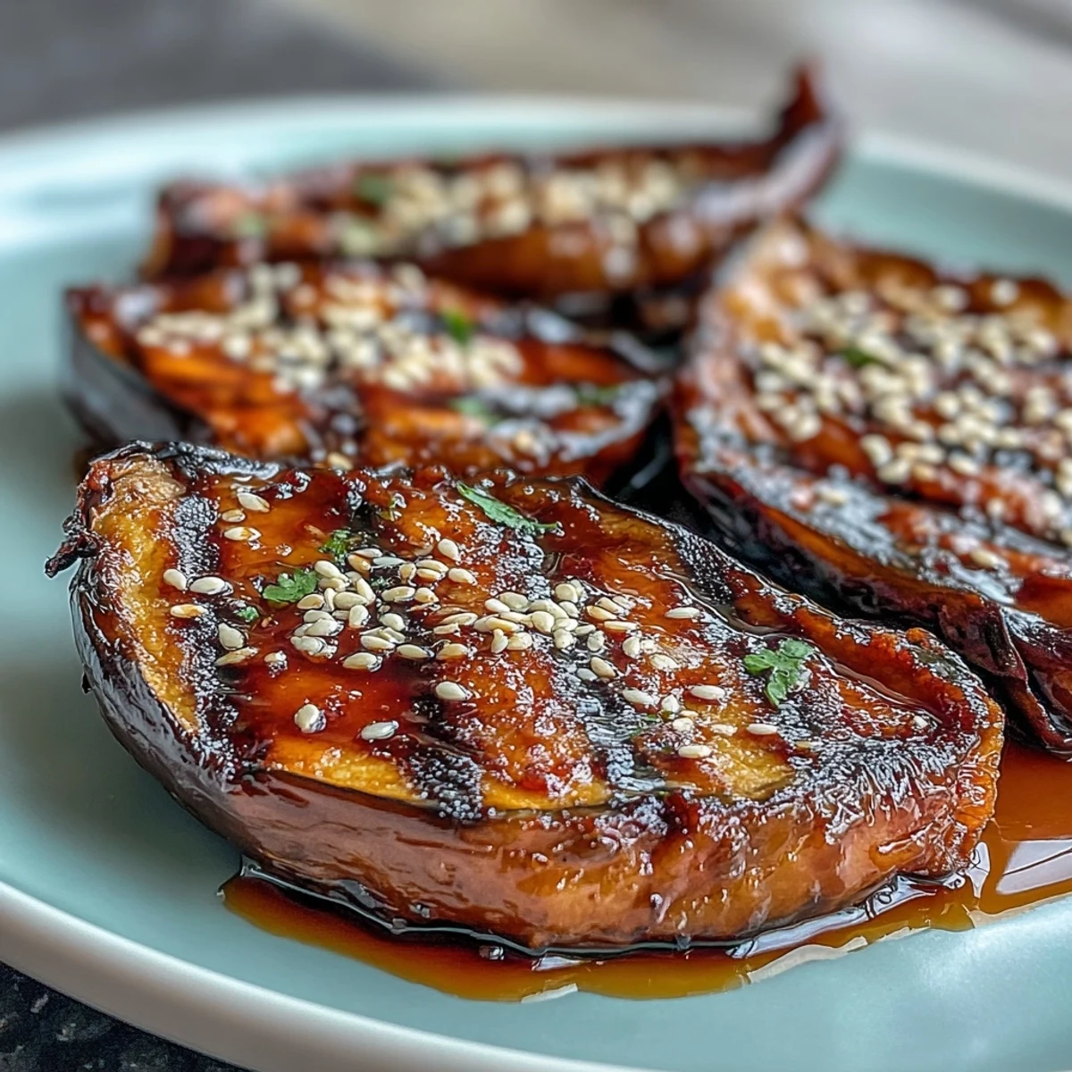 Miso Glazed Eggplant dish, featuring caramelized, tender roasted eggplant halves.