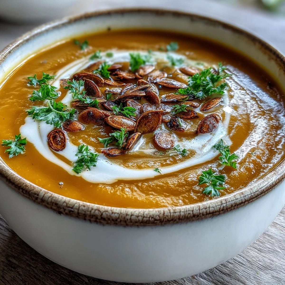 Creamy pumpkin soup with a swirl of cream, topped with toasted seeds and fresh herbs for a cozy fall meal.