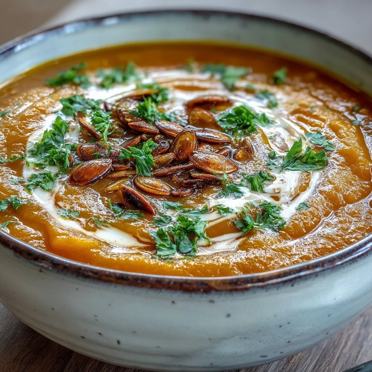 Savory pumpkin soup blended until velvety, served hot in a rustic bowl with a sprinkle of spices and seeds.