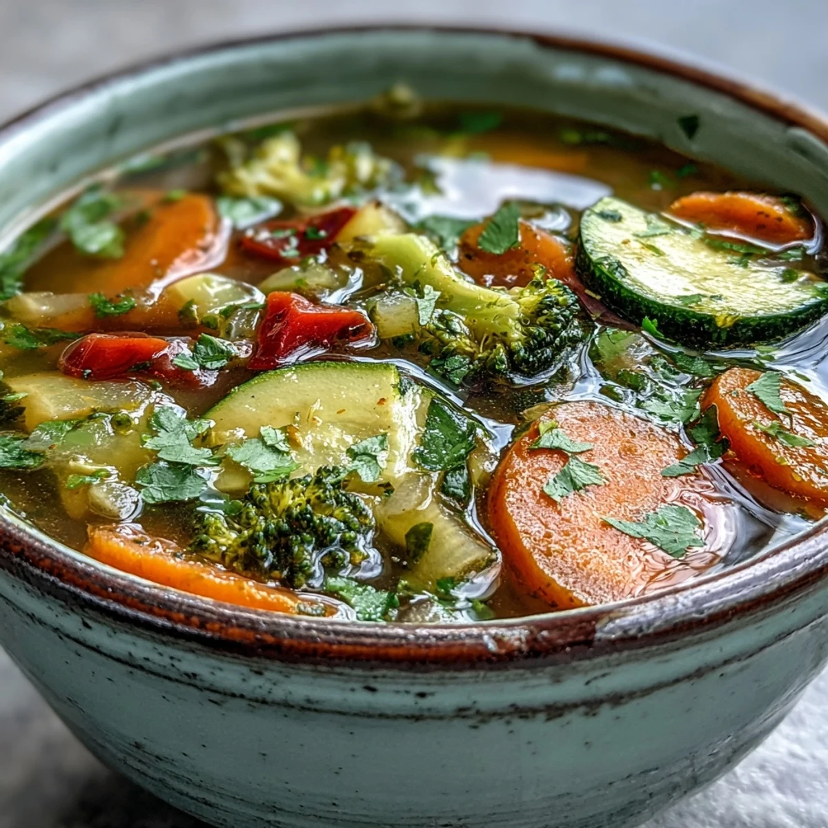 A close-up of colorful vegetables and grated ginger in a hearty Ginger Vegetable Soup, garnished with parsley and sesame oil.