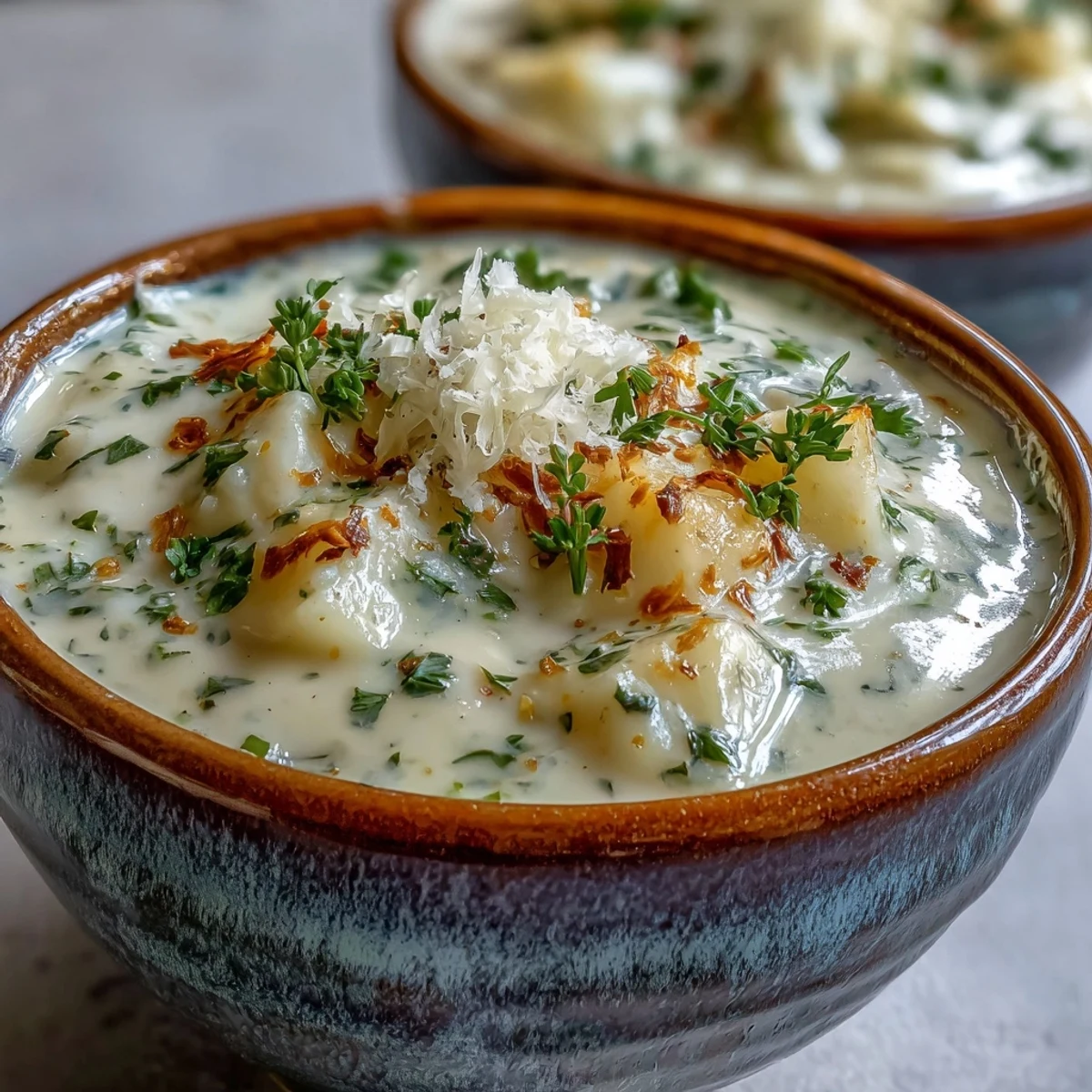 Smooth garlic and herb soup simmered with potatoes, perfect with a slice of crusty bread.