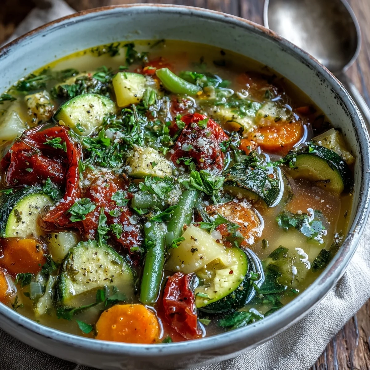 Italian Herb Vegetable Soup features vibrant zucchini, carrots, and spinach in a rich tomato broth.