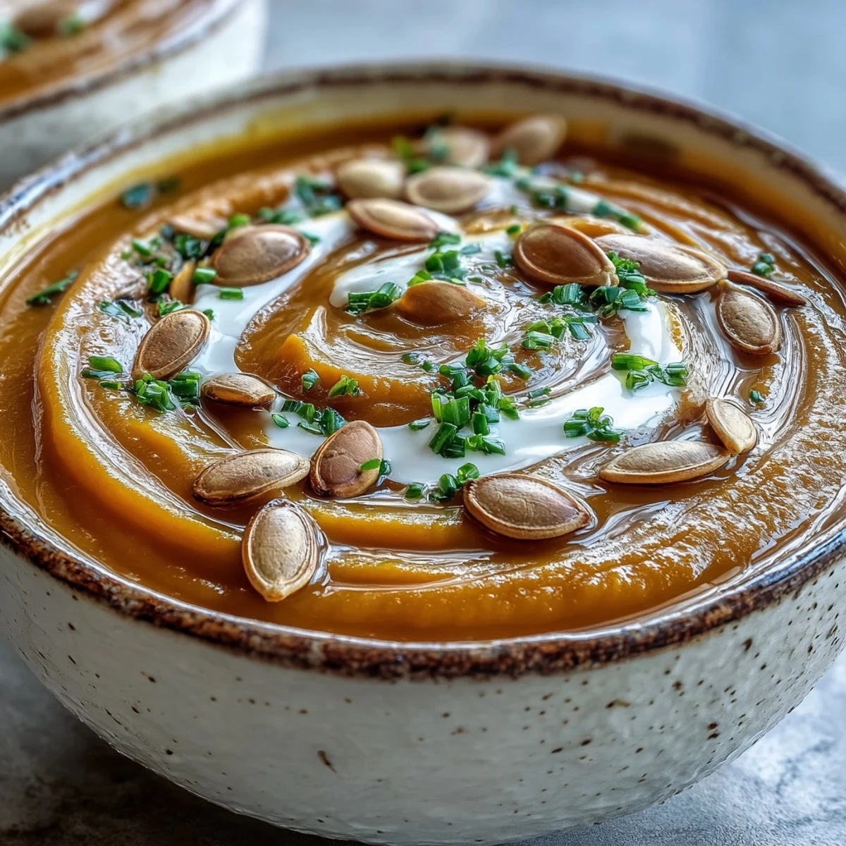 Creamy acorn squash soup served in a rustic bowl, garnished with toasted pumpkin seeds and fresh chives.