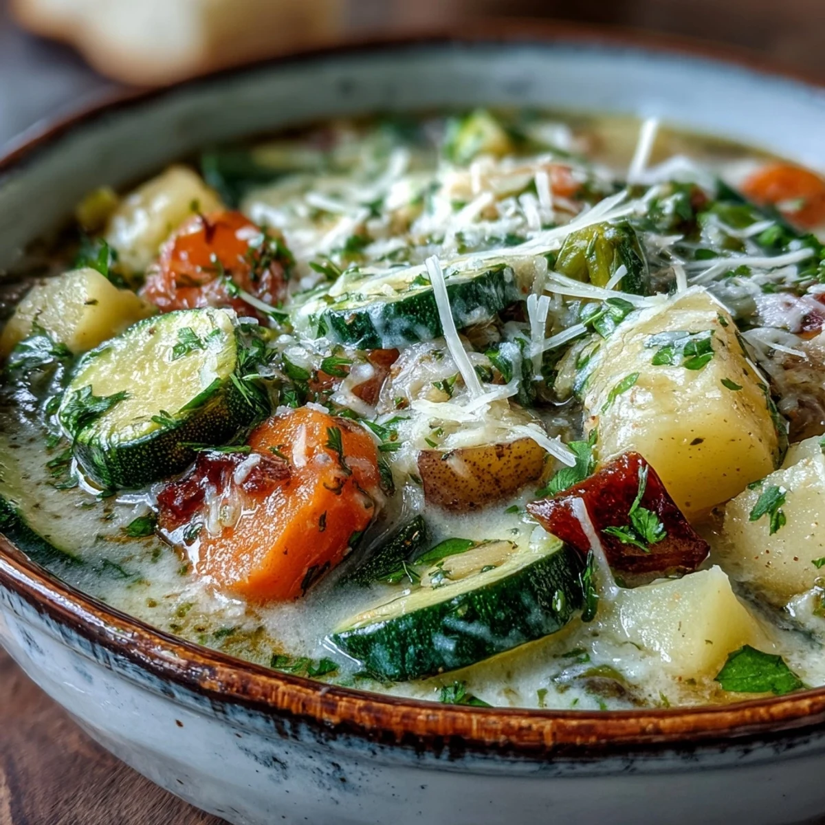 Hearty Parmesan Veggie Soup served in a rustic bowl, paired with a side of crusty bread for dipping.