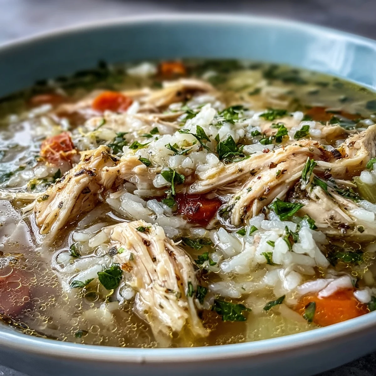 Homemade Cozy Winter Chicken and Rice Soup in a rustic bowl, garnished with fresh parsley and lemon for a bright finish.