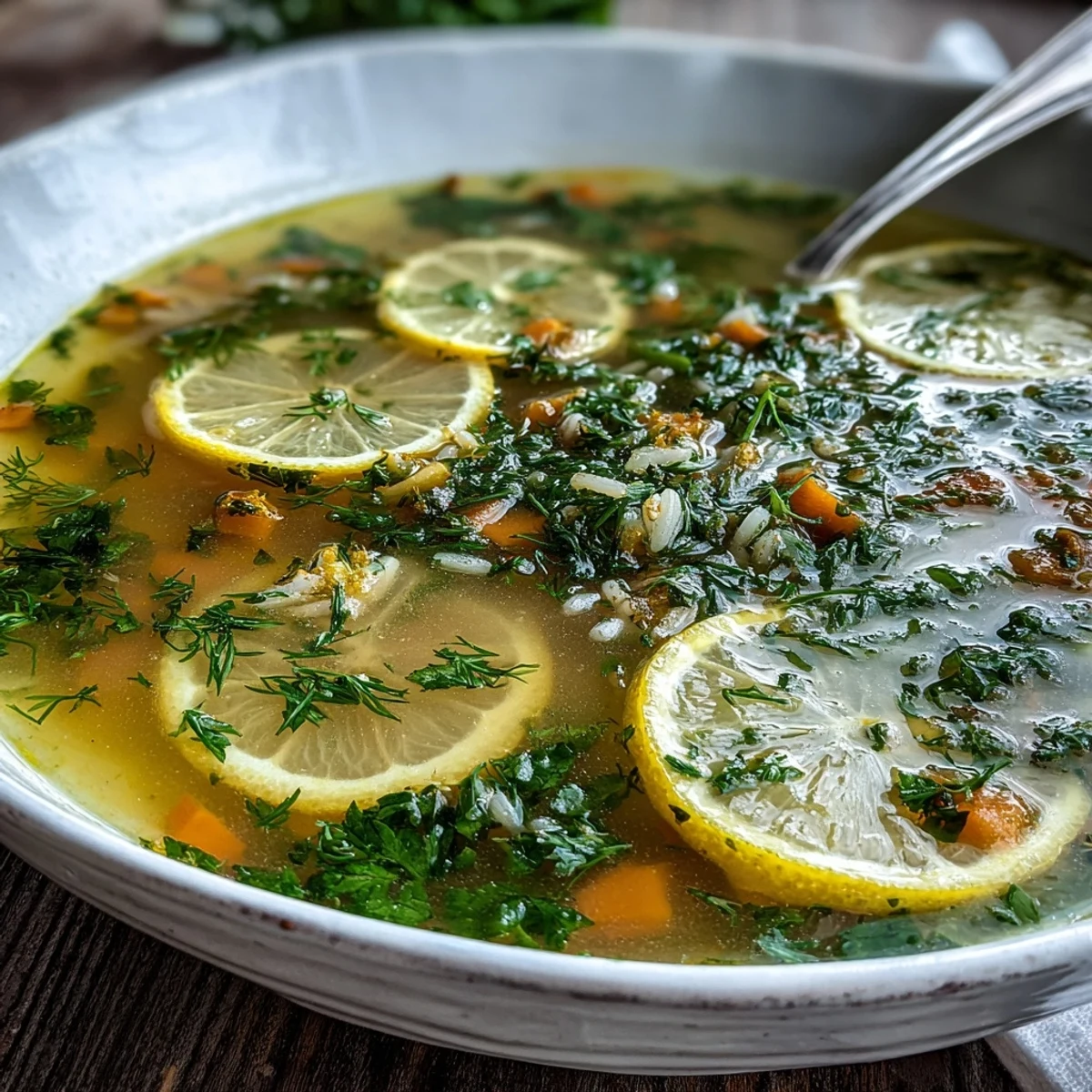A close-up of vibrant Lemon Herb Soup in a rustic mug, garnished with lemon slices and thyme.