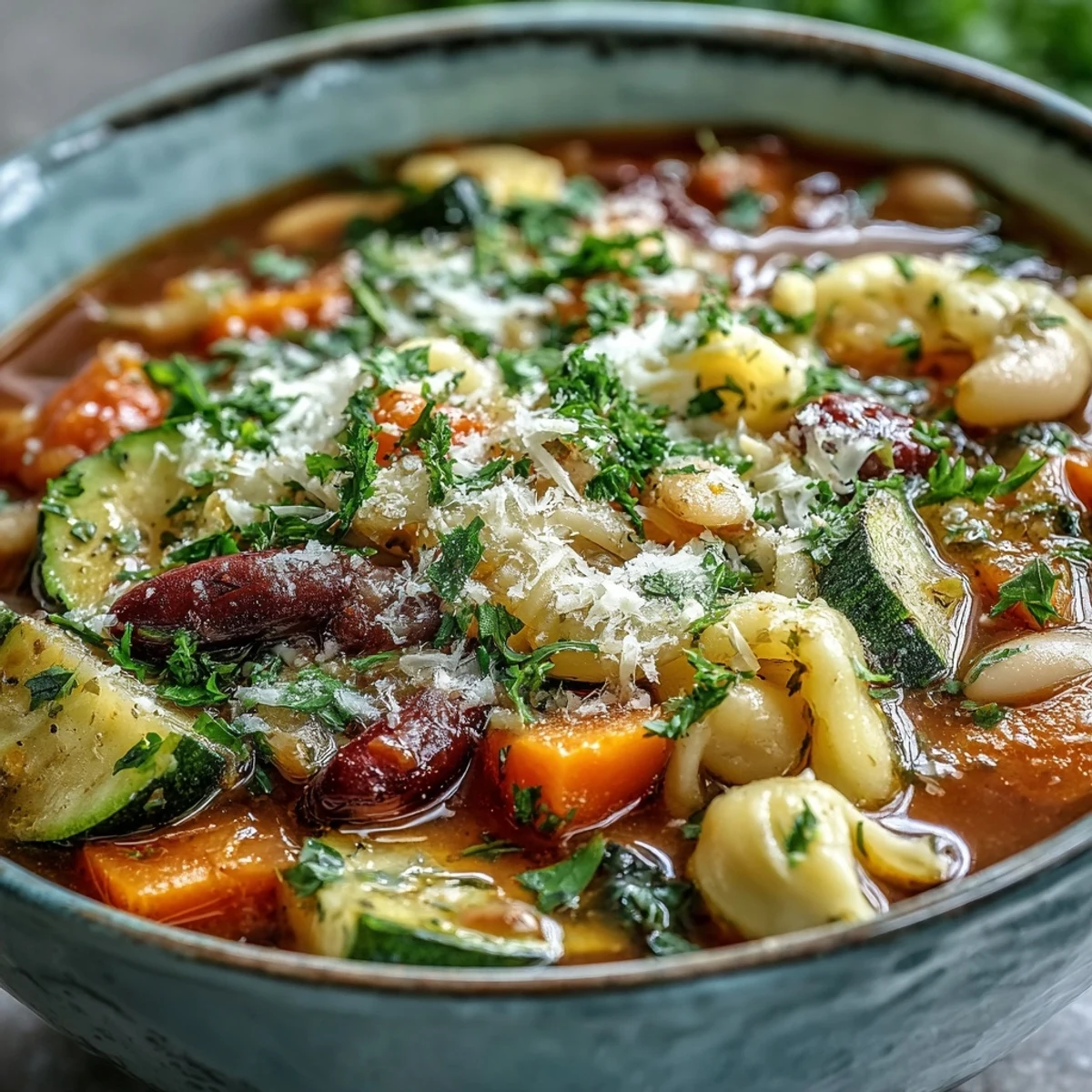 Steaming pot of hearty Italian Vegetable Minestrone featuring zucchini, carrots, cannellini beans, and ditalini pasta.