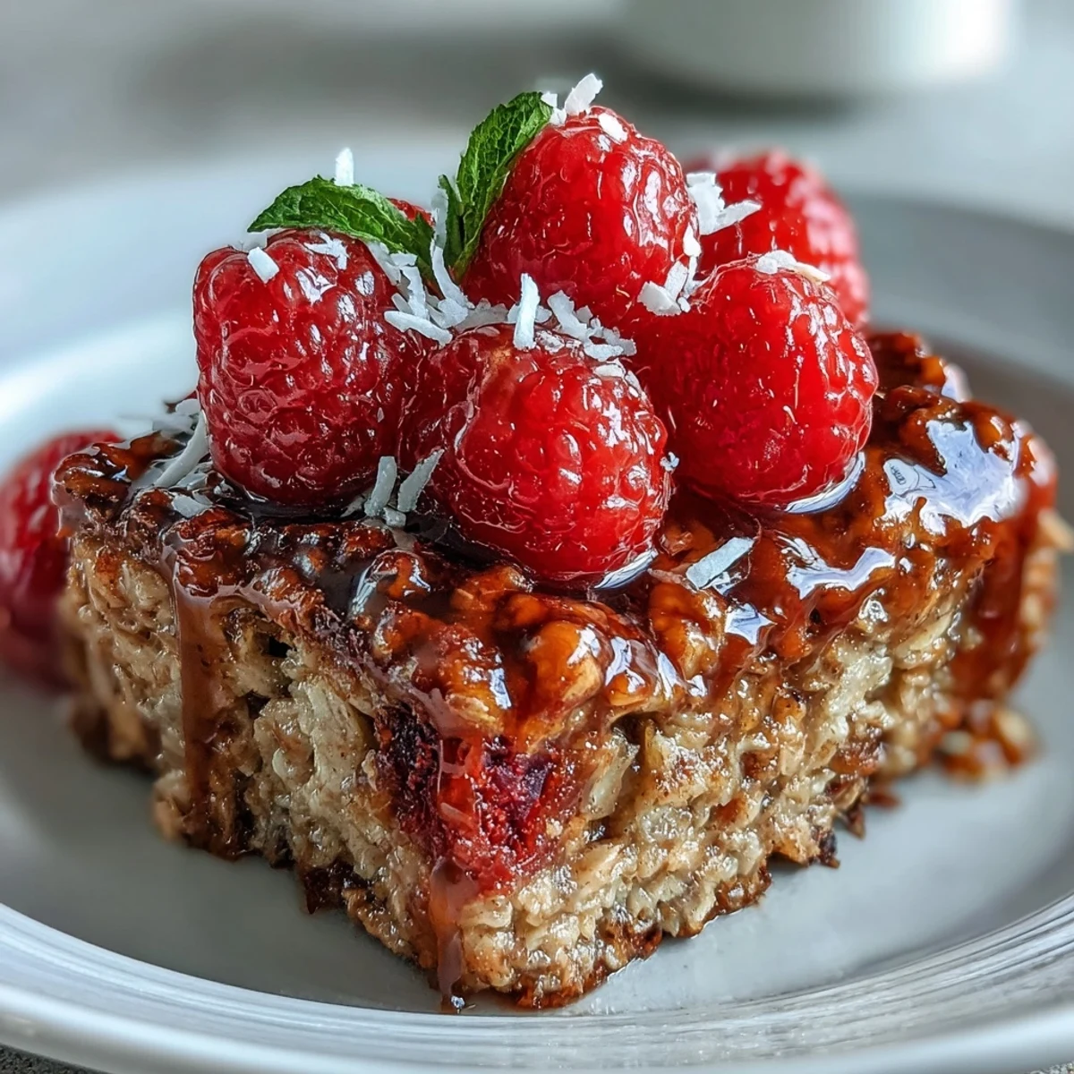Freshly baked tray of Baked Oatmeal with Raspberry and Coconut served warm, topped with plump raspberries and sweet coconut flakes.