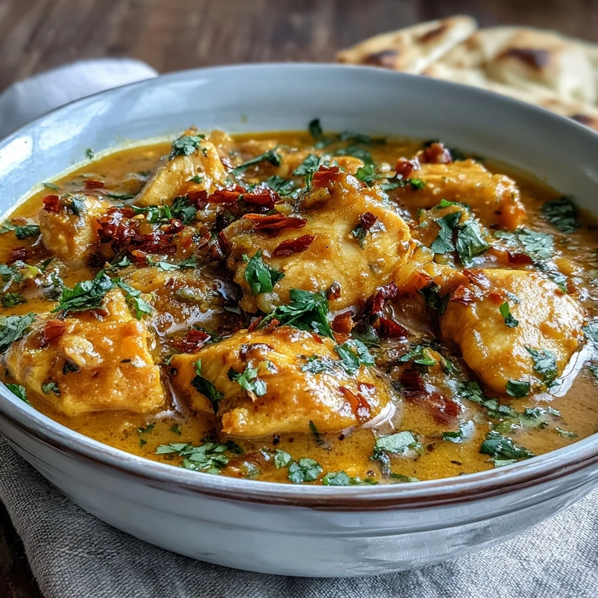 Creamy Easy Chicken Curry simmering in a skillet with rich spices and fresh cilantro garnish