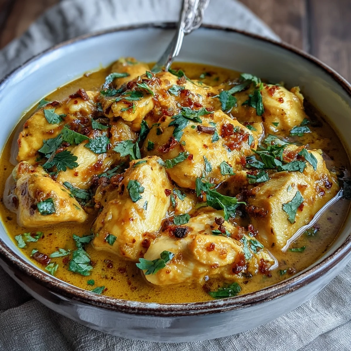 Steaming bowl of Easy Chicken Curry with tender chicken pieces and vibrant tomatoes, served with naan