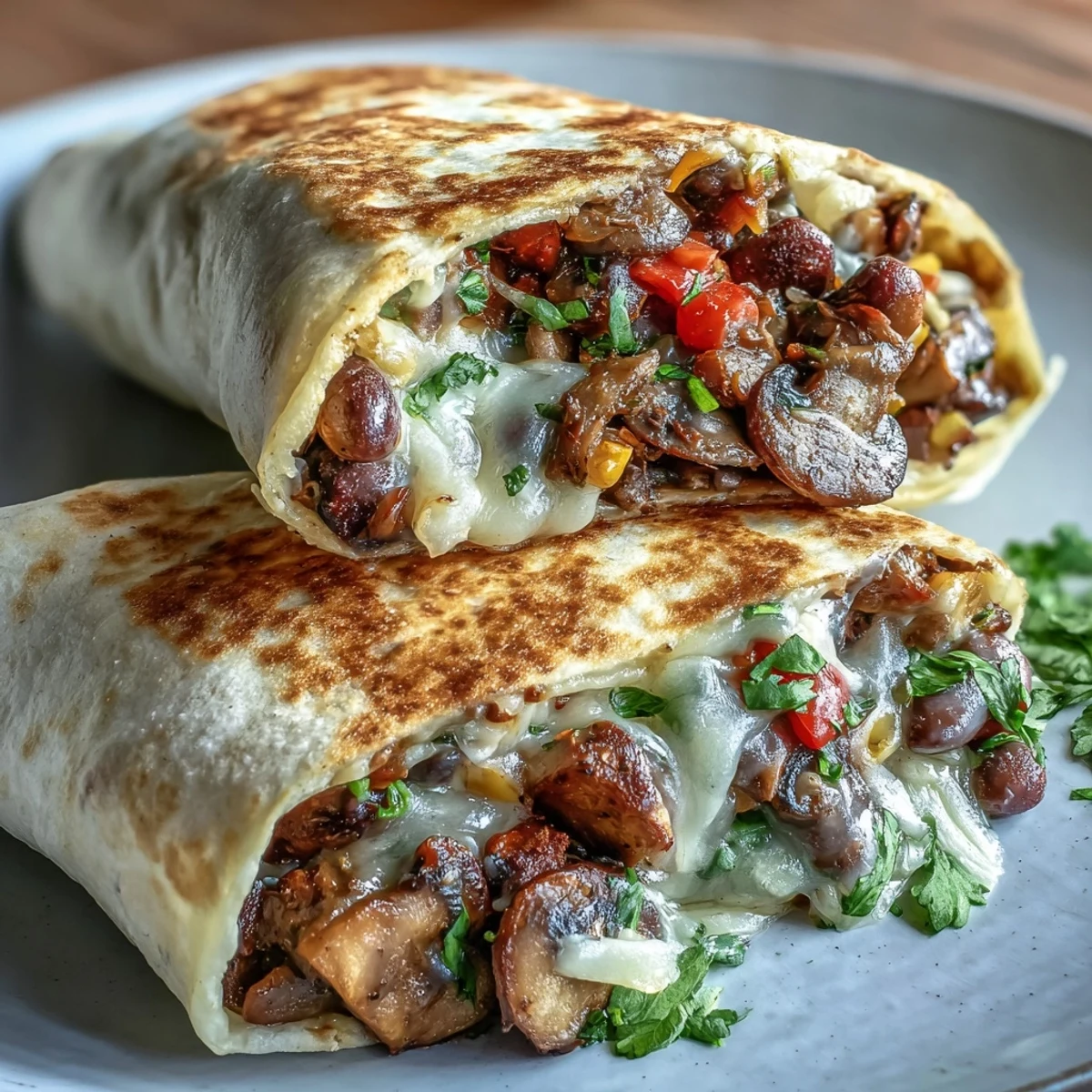 Freshly rolled Veggie Burritos filled with sautéed mushrooms, black beans, and melted cheese on a plate.