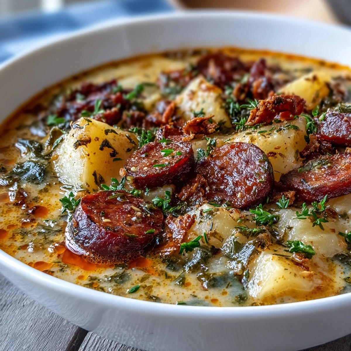 Hearty bowl of Potato, Leek and Chorizo Soup featuring tender potatoes, soft leeks, and smoky chorizo slices in a rich broth.