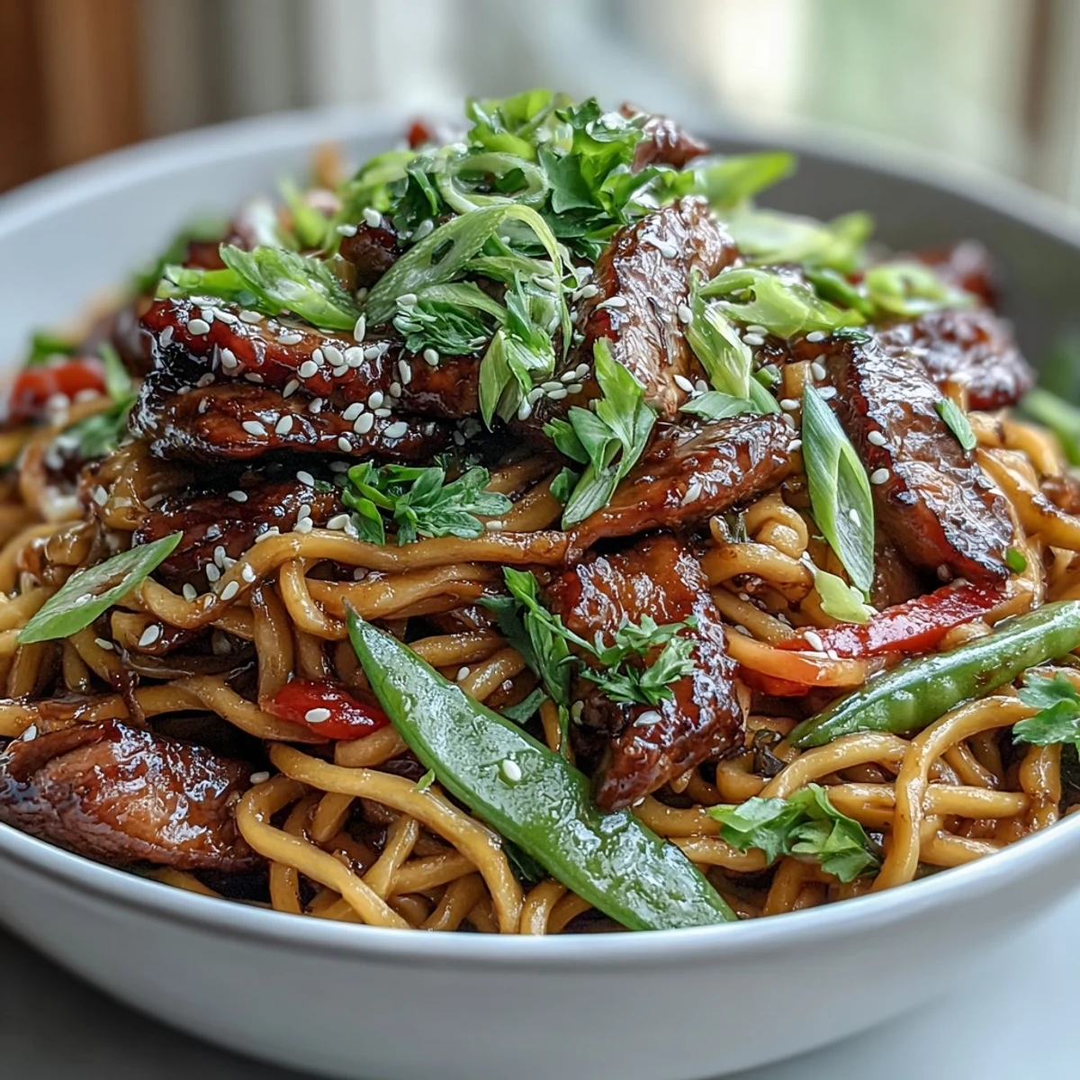 Sizzling Pork Noodle Stir-Fry with tender pork, crisp bell peppers, and snap peas in a savory sauce.