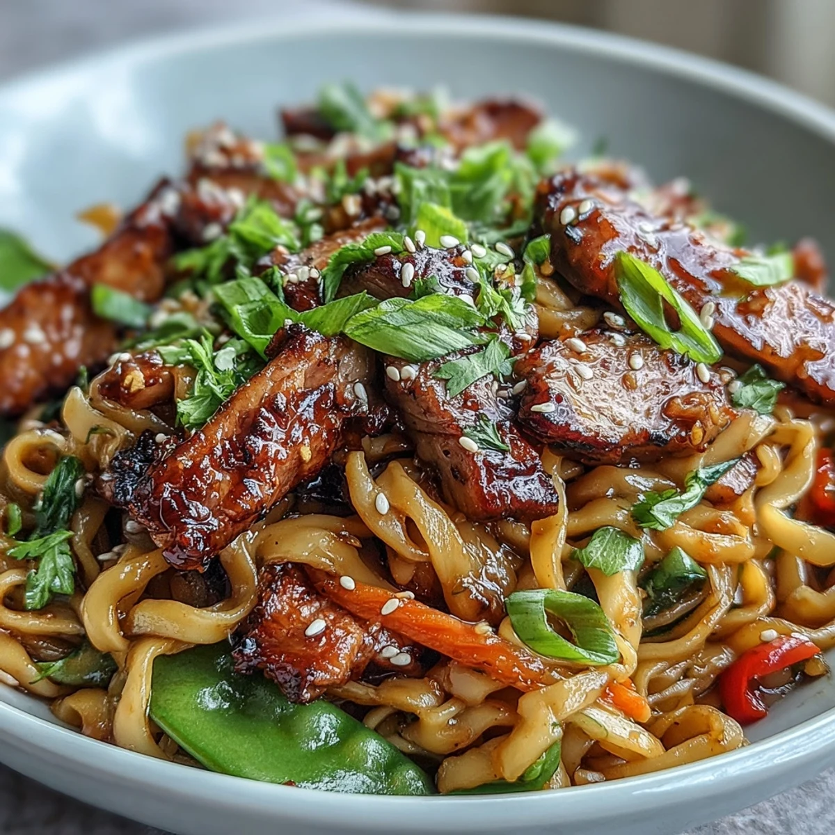Freshly tossed Asian-inspired Pork Noodle Stir-Fry with saucy noodles, colorful veggies, and sliced pork for dinner.