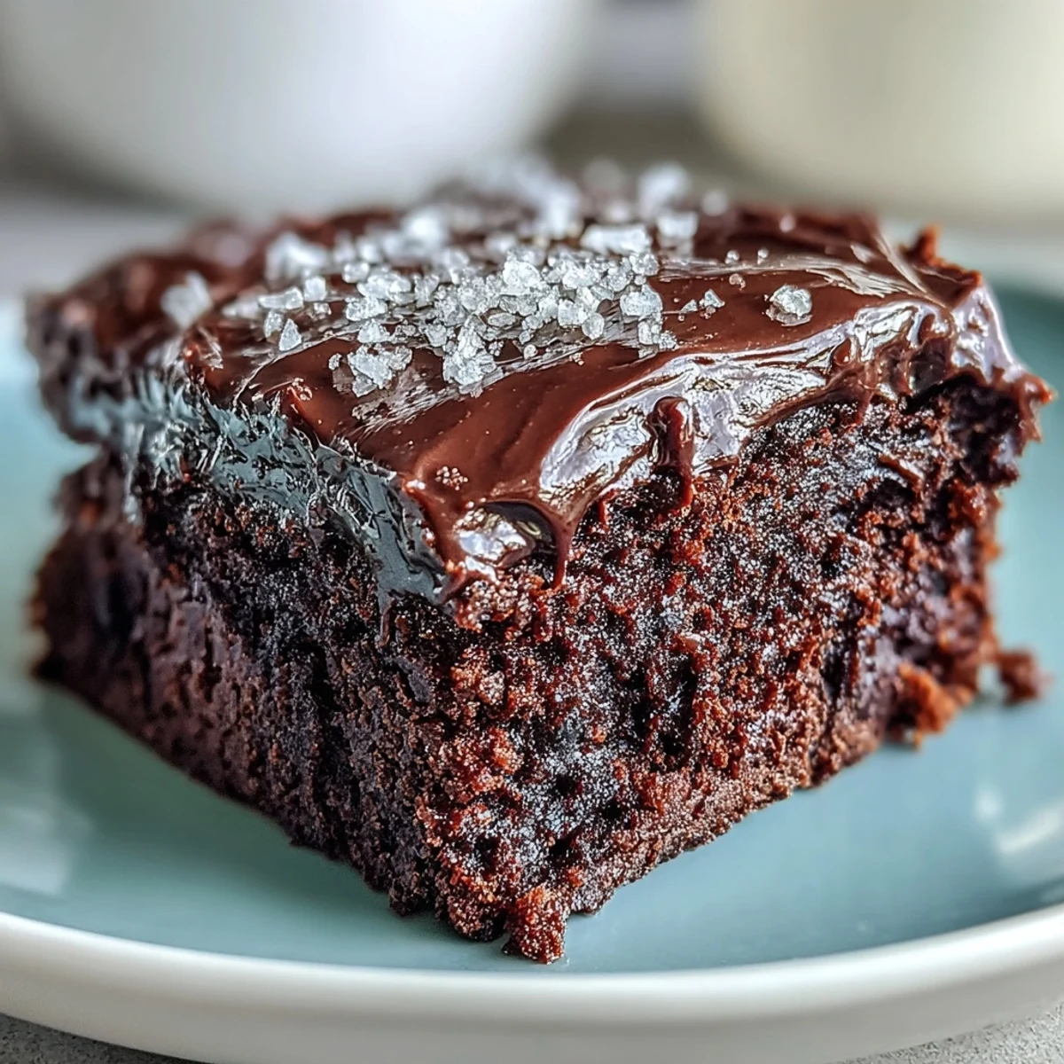 A close-up slice of Easy Chocolate Fudge Cake reveals moist, squidgy crumb and rich dark chocolate icing on a ceramic plate.