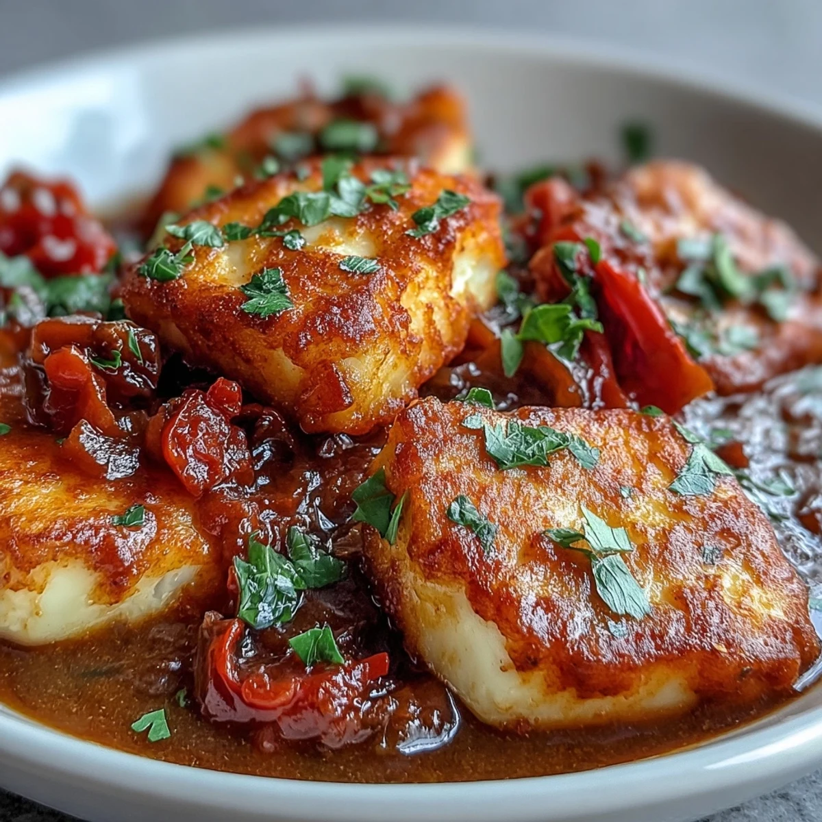Golden fried halloumi cubes simmer in a creamy tomato coconut curry with fresh cilantro garnish.