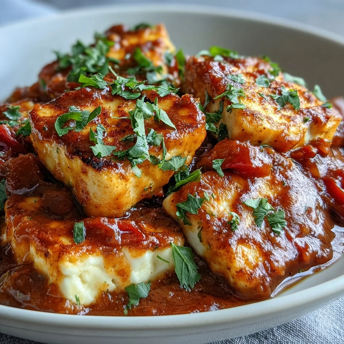 Mild family-friendly halloumi curry simmering in a rich tomato sauce with a lemon wedge garnish.