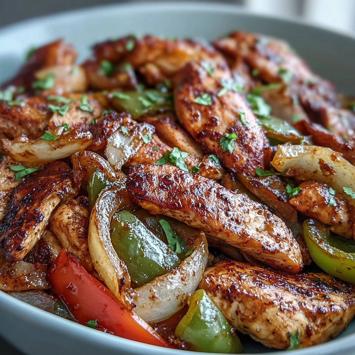 Easy Chicken Fajitas served in warm flour tortillas with sour cream and salsa.