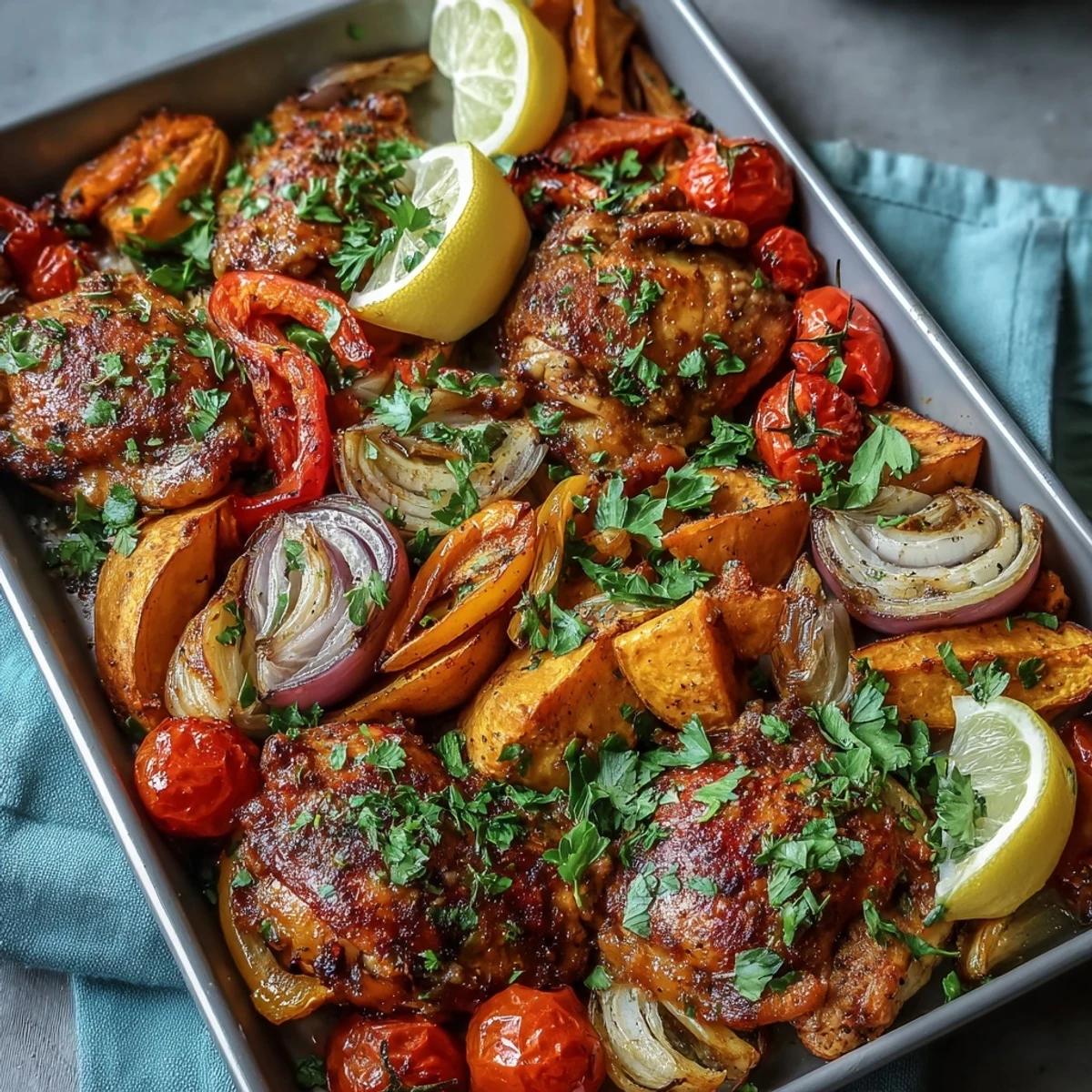 Juicy piri-piri chicken thighs roast alongside golden sweet potato wedges and bell peppers in this vibrant traybake.