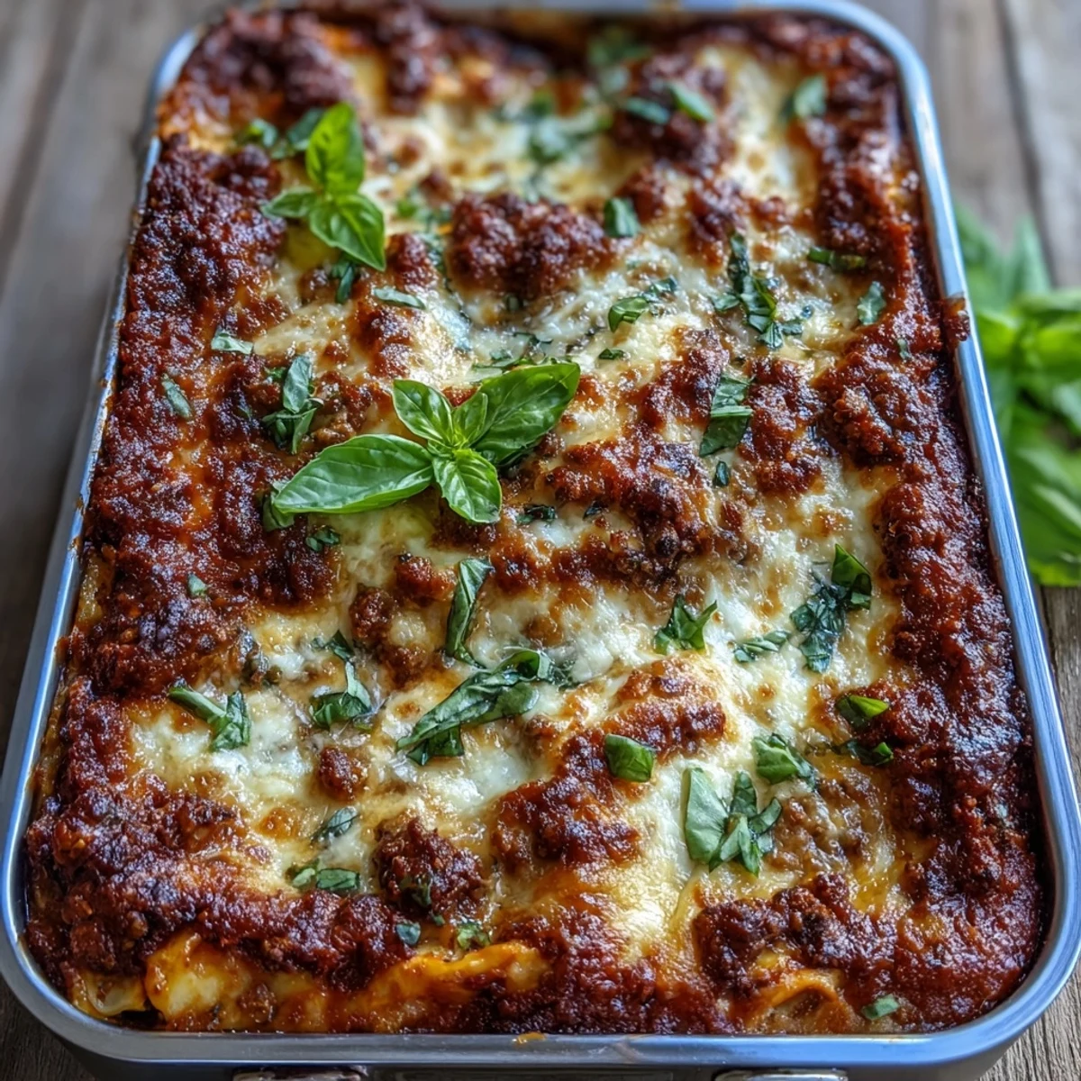 Golden, bubbling mozzarella tops layers of Worlds Best Lasagna with rich meat sauce and creamy ricotta.