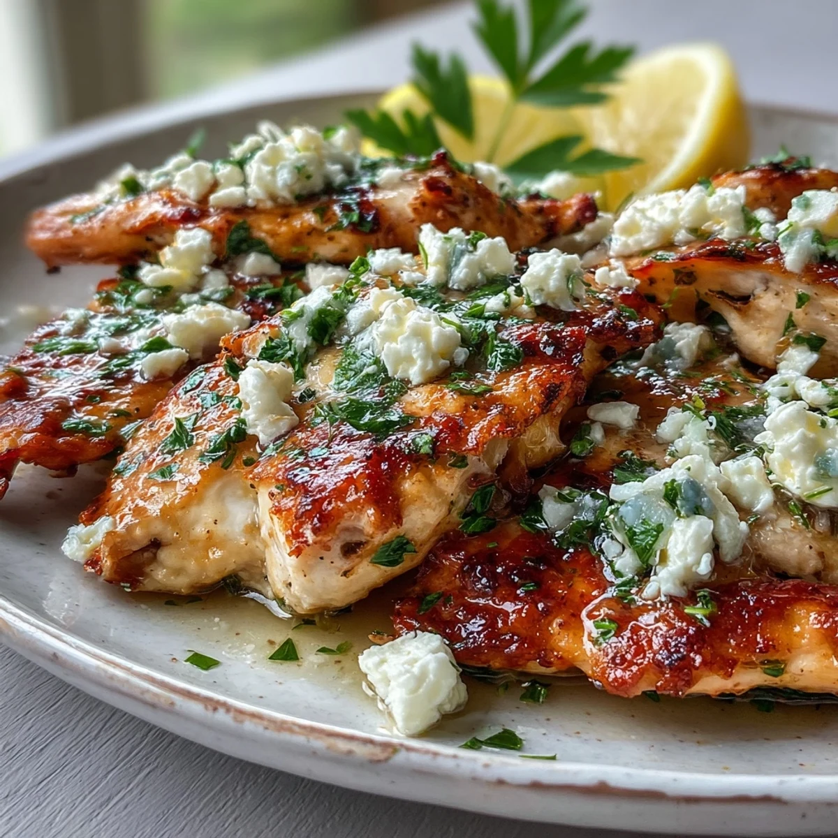 Freshly cooked Greek Chicken with Lemon and Feta served on a white plate with extra lemon wedges.