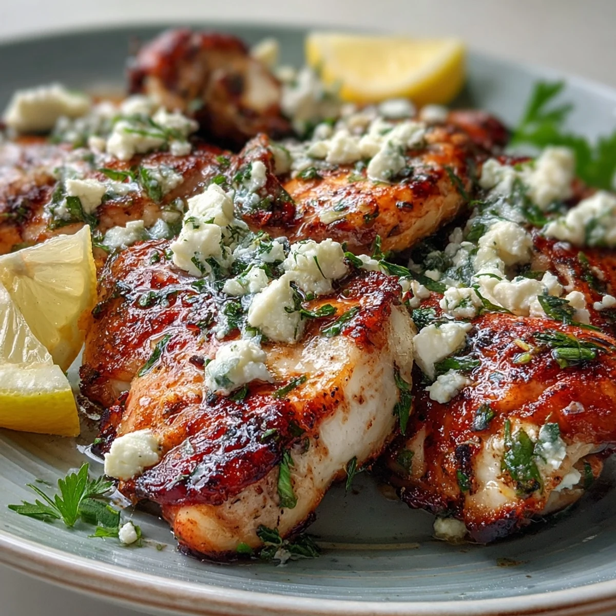 Sliced Greek Chicken with Lemon and Feta plated with a colorful Greek salad and roasted potatoes.
