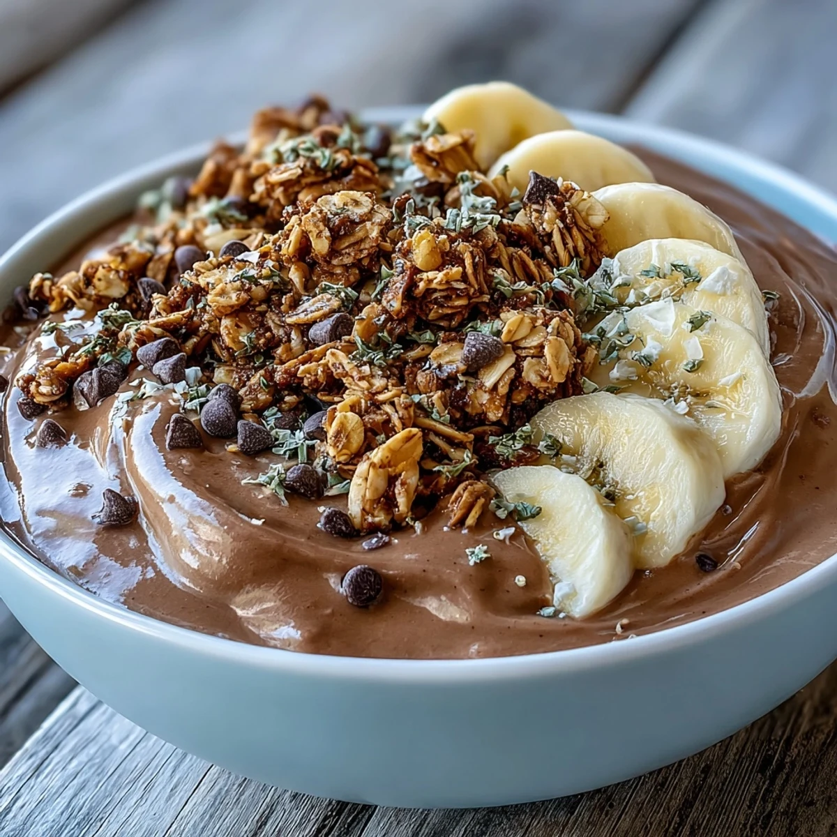Two bowls of Chunky Monkey smoothie bowls topped with fresh banana slices, crunchy granola, and chocolate chips.