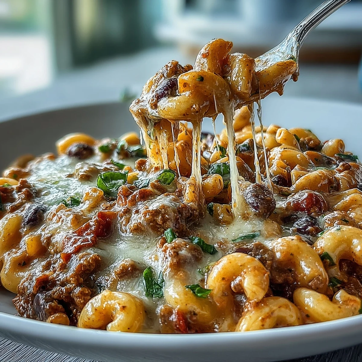Savory One-Pan High Protein Chili Mac is scooped from the pot, showing creamy cheddar sauce, ground beef, and macaroni. 