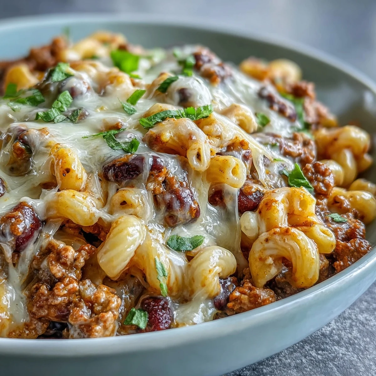 A bowl of One-Pan High Protein Chili Mac topped with green onions, sour cream, and crushed tortilla chips on a rustic table. 