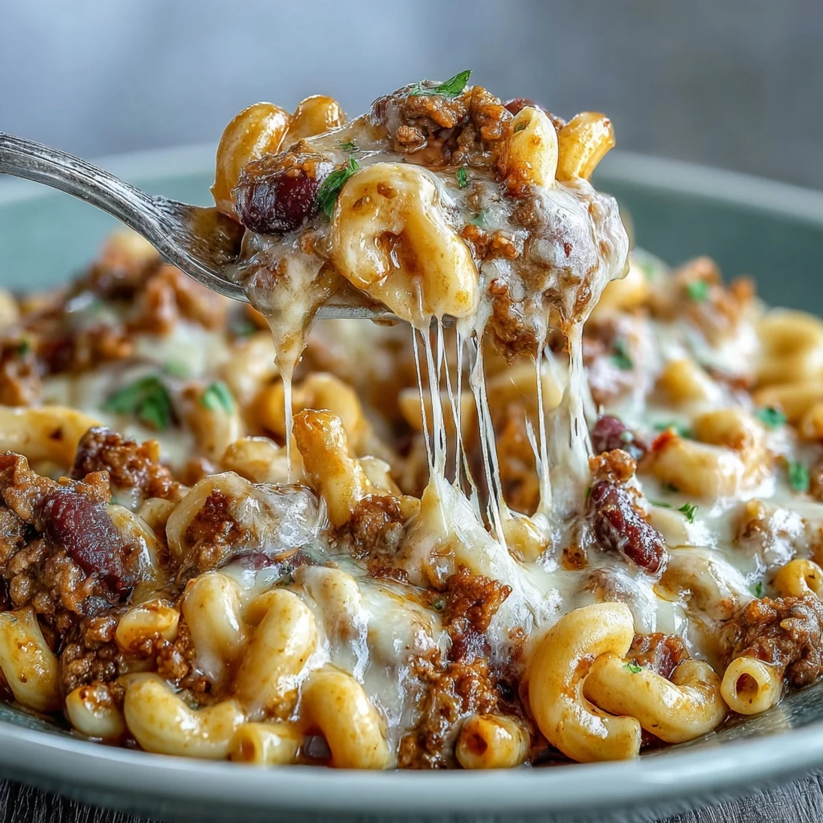 One-Pan High Protein Chili Mac stirs together in a skillet with diced tomatoes and beans for a quick weeknight dinner.